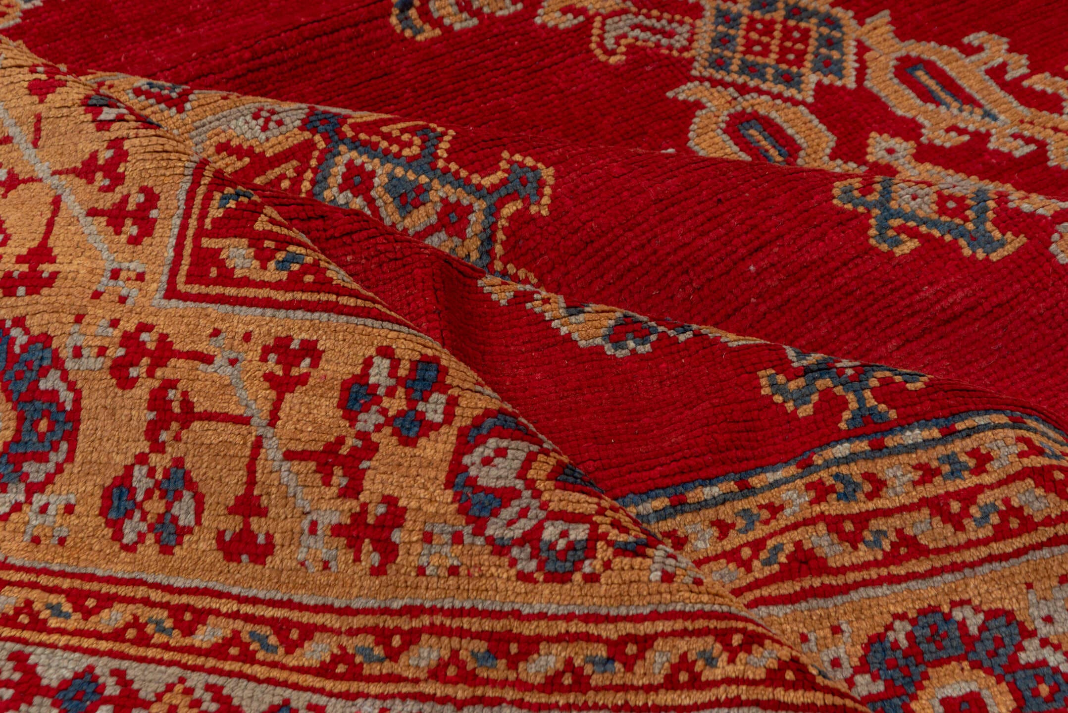 10' x 13' one-of-a-kind handmade antique Oushak large size rug. Color palette: red, ivory, navy, camel, rust, sky_blue, blue