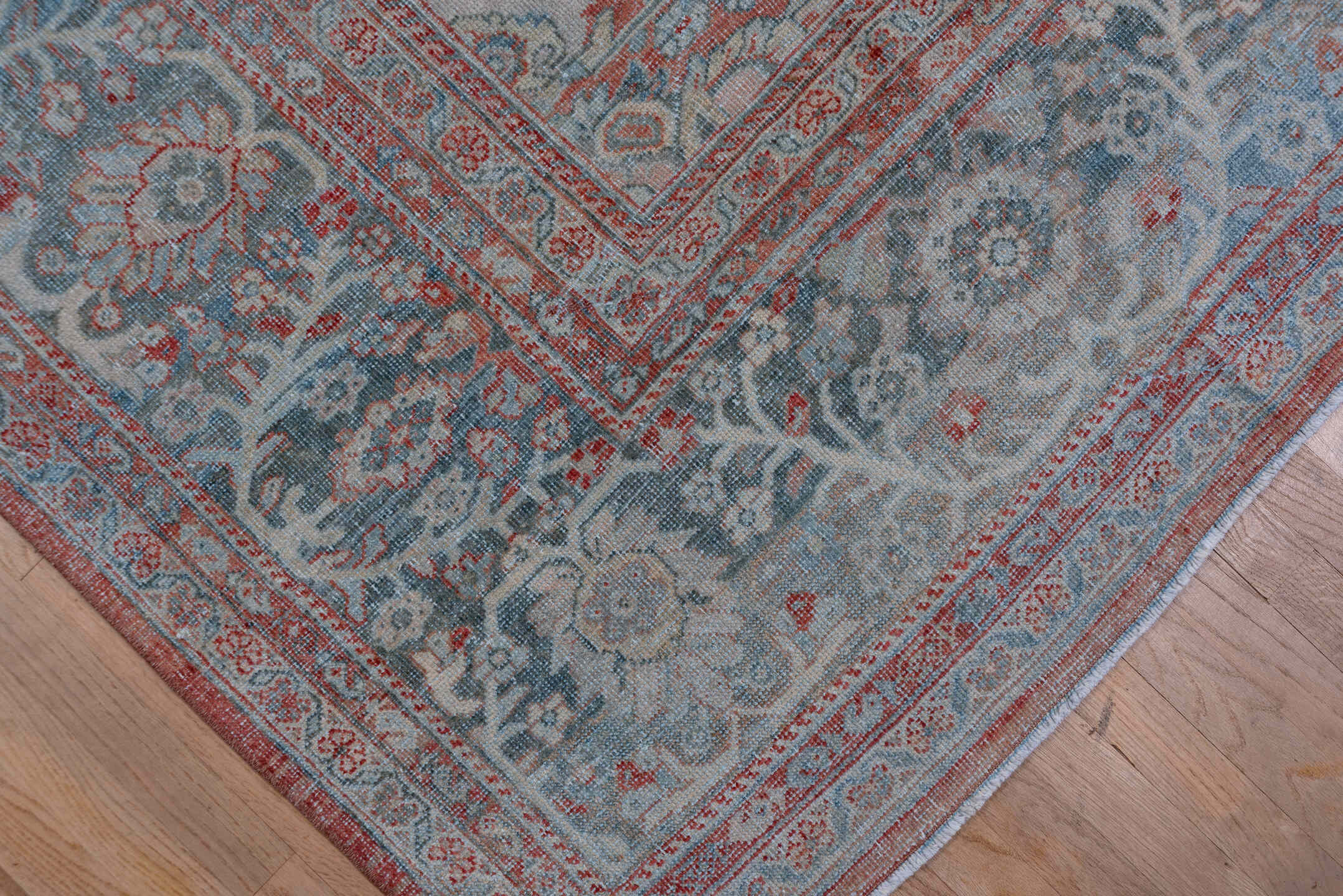 10' x 13' one-of-a-kind handmade vintage Mahal large size rug. Color palette: blue, brown, gray, light blue, light gray
