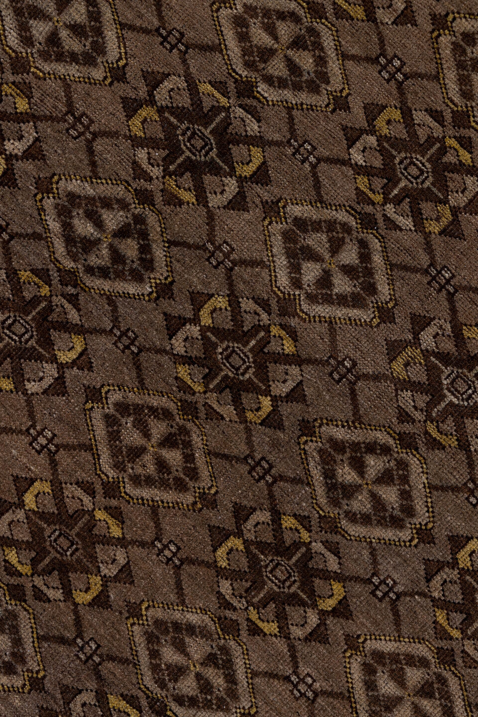 8' x 11' one-of-a-kind handmade antique Afghan large size rug. Color palette: taupe, brown, charcoal, camel, ivory, gold