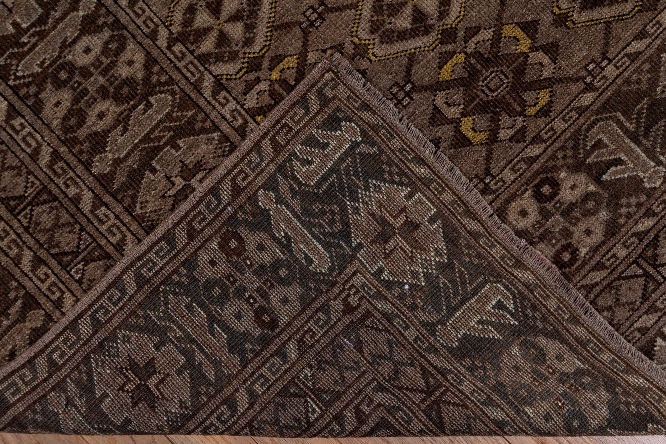 8' x 11' one-of-a-kind handmade antique Afghan large size rug. Color palette: taupe, brown, charcoal, camel, ivory, gold