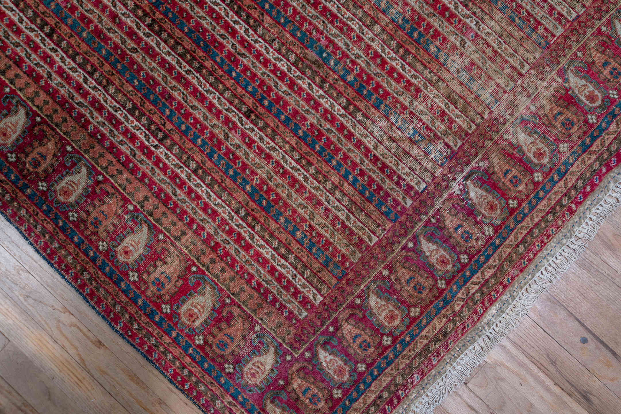 6' x 12' one-of-a-kind handmade antique Ghordes large size rug. Color palette: rust, brick, ivory, navy, rose, taupe