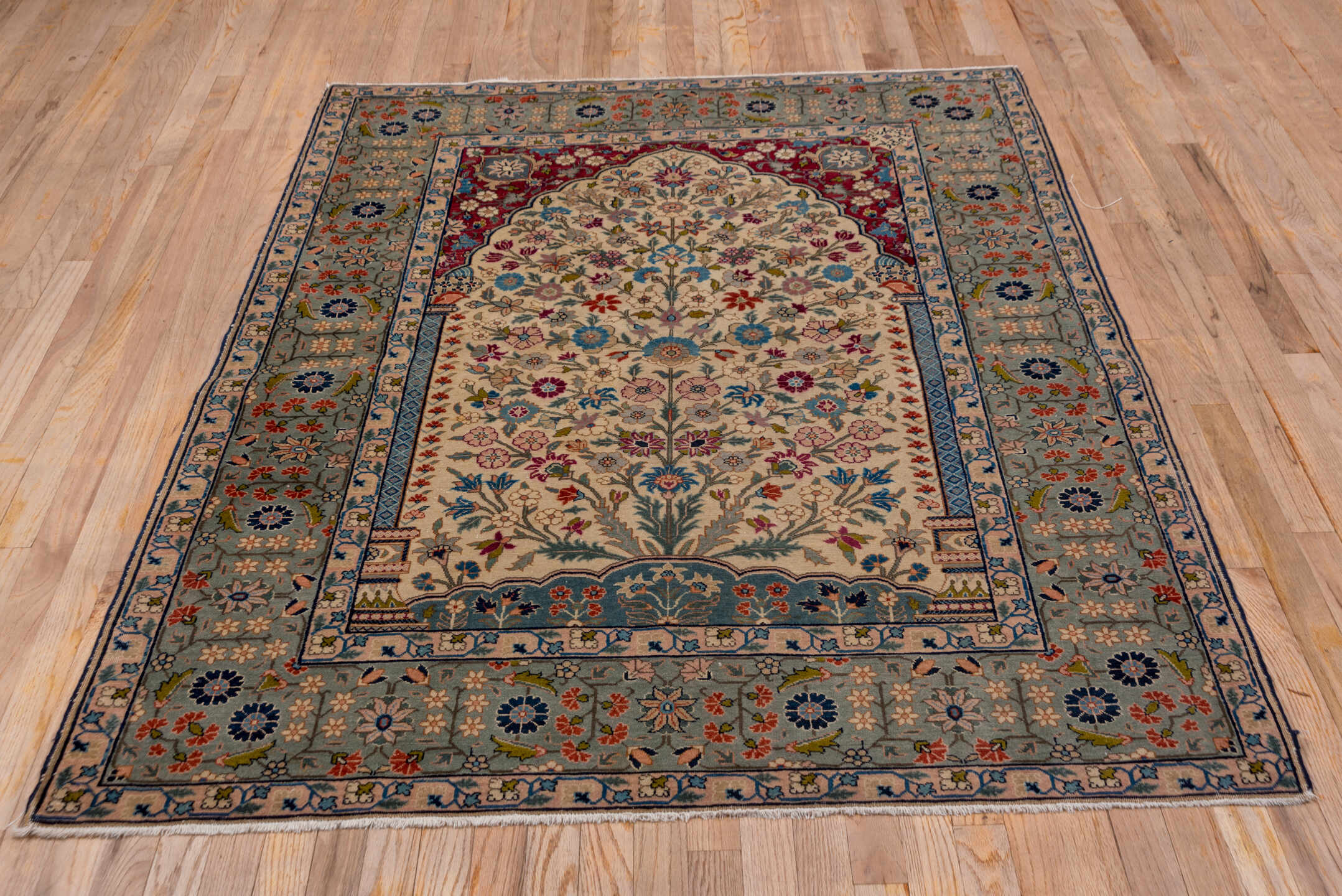 4' x 6' one-of-a-kind handmade antique Tabriz small size rug. Color palette: ivory, blue-gray, burgundy, navy, rose, sage