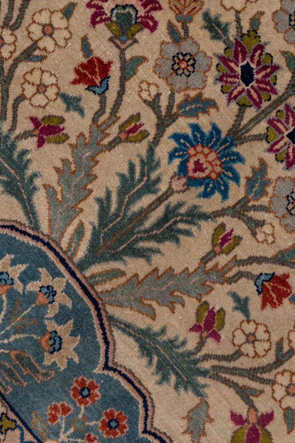 4' x 6' one-of-a-kind handmade antique Tabriz small size rug. Color palette: ivory, blue-gray, burgundy, navy, rose, sage