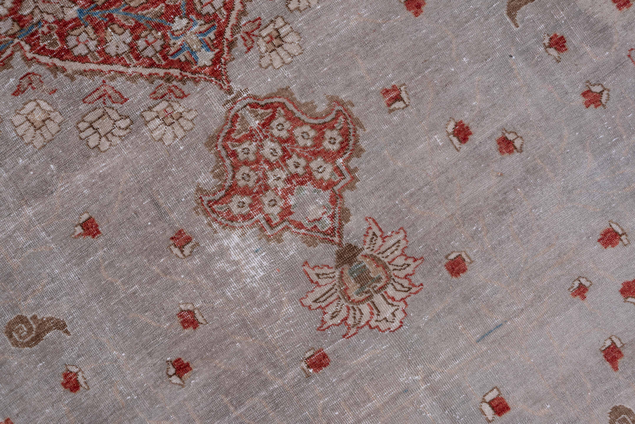 9' x 12' one-of-a-kind handmade antique Tabriz large size rug. Color palette: ivory, rust, taupe, sky blue, rose, beige