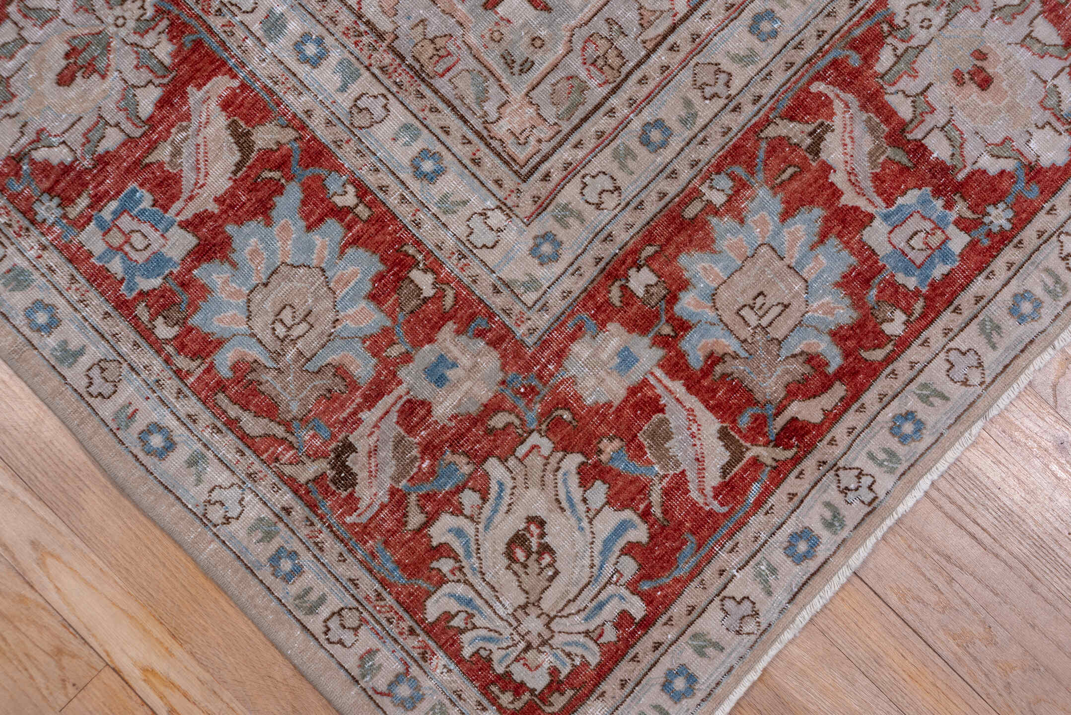 9' x 12' one-of-a-kind handmade antique Tabriz large size rug. Color palette: ivory, rust, taupe, sky blue, rose, beige