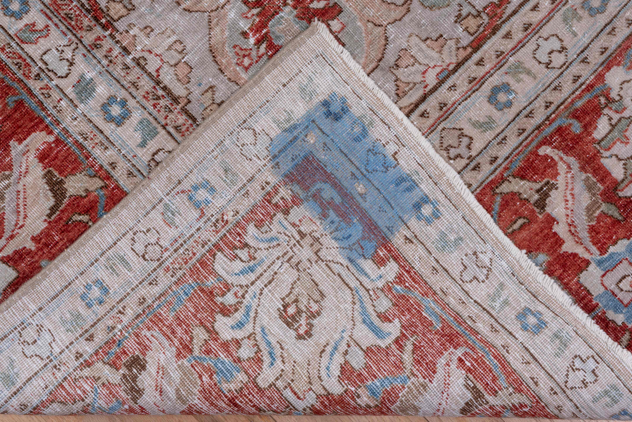 9' x 12' one-of-a-kind handmade antique Tabriz large size rug. Color palette: ivory, rust, taupe, sky blue, rose, beige