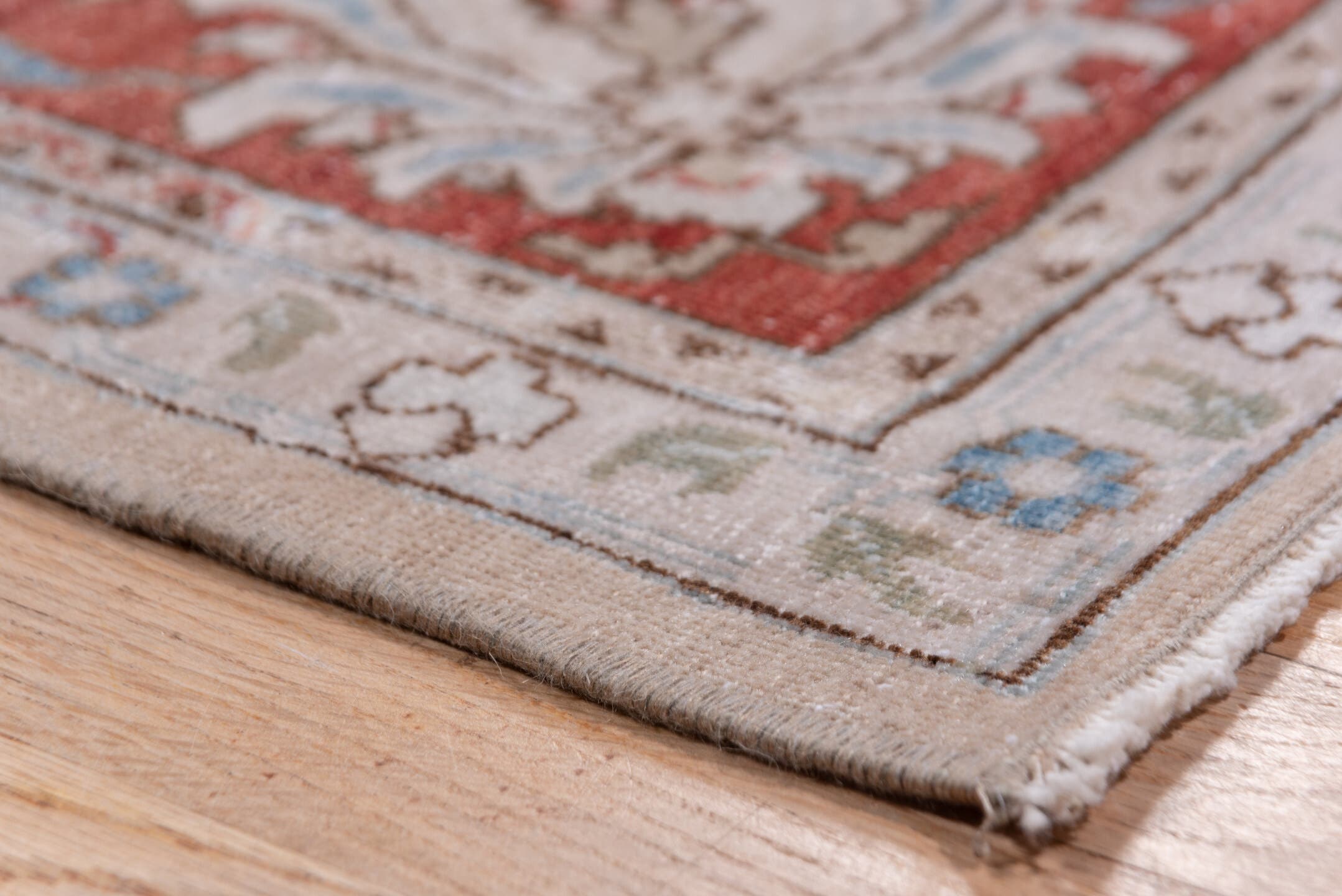 9' x 12' one-of-a-kind handmade antique Tabriz large size rug. Color palette: ivory, rust, taupe, sky blue, rose, beige