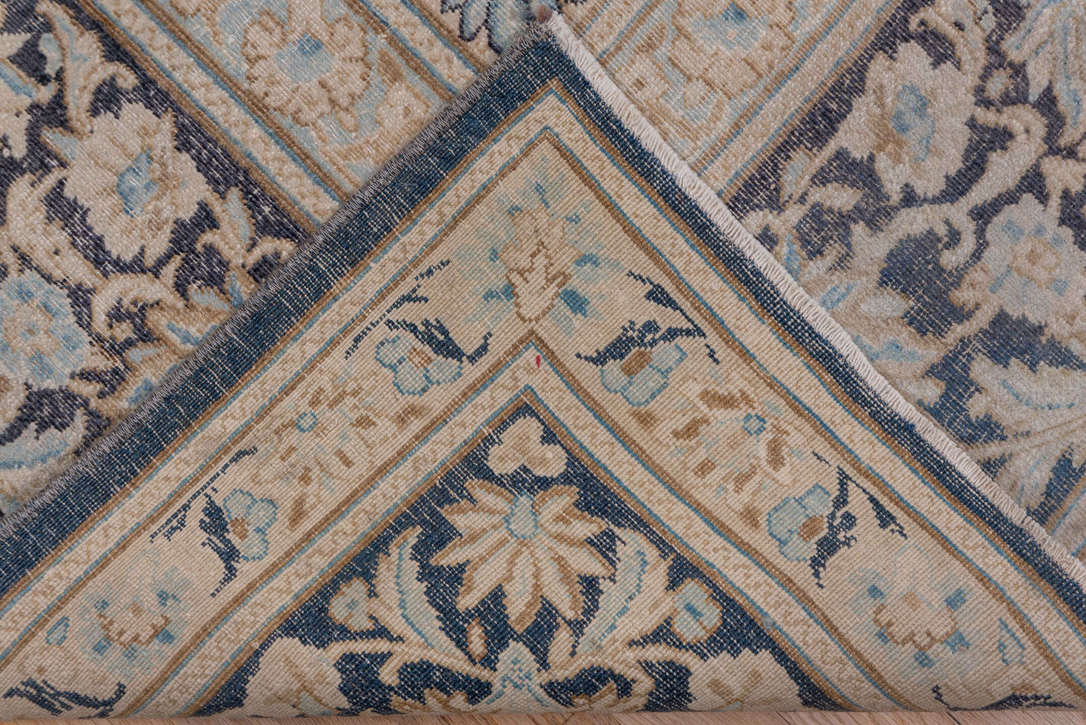 9' x 12' one-of-a-kind handmade antique Kerman large size rug. Color palette: ivory, navy, beige, pale blue, taupe, charcoal