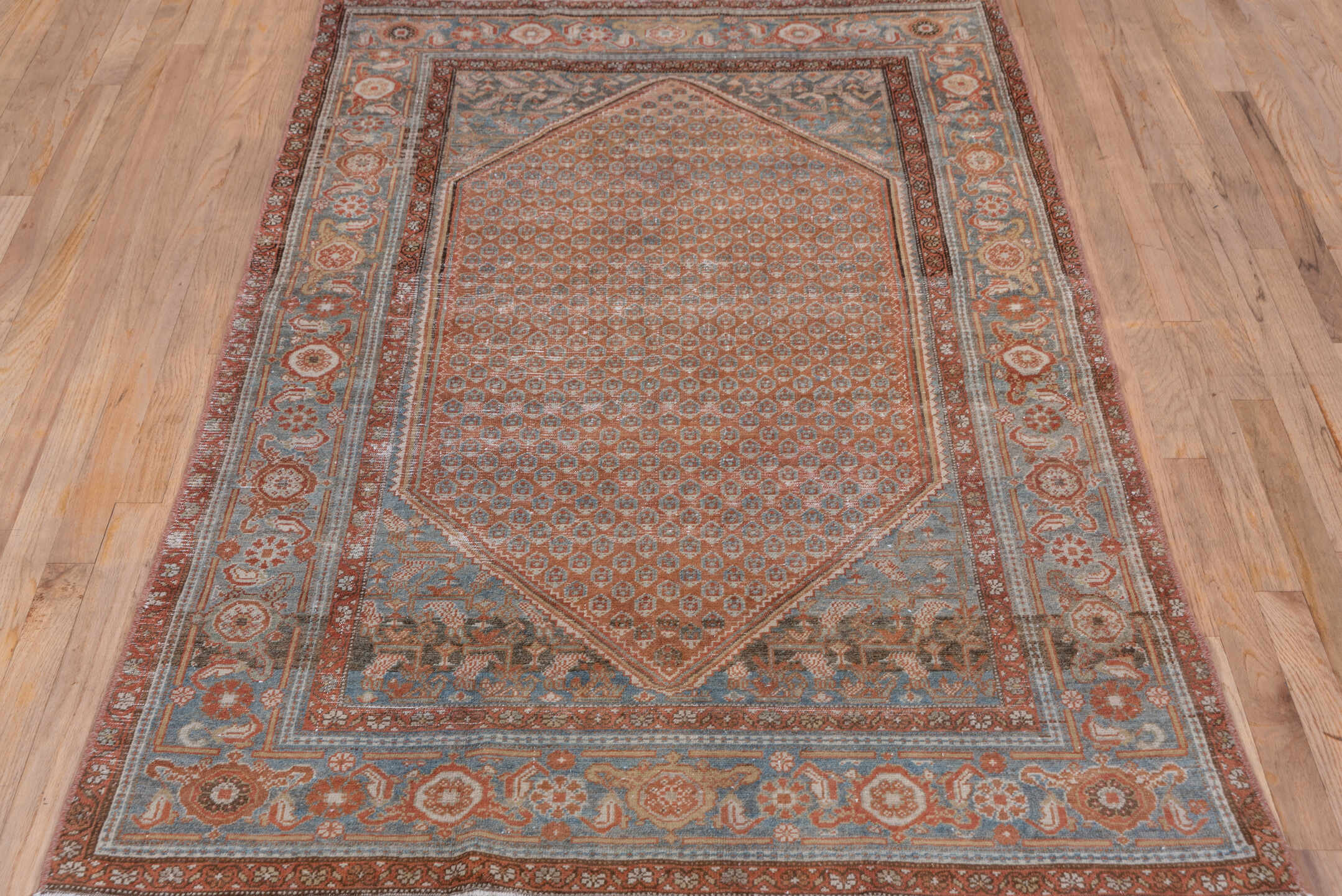 4' x 6' one-of-a-kind handmade antique Malayer small size rug. Color palette: terra cotta, sky blue, ivory, rust, slate