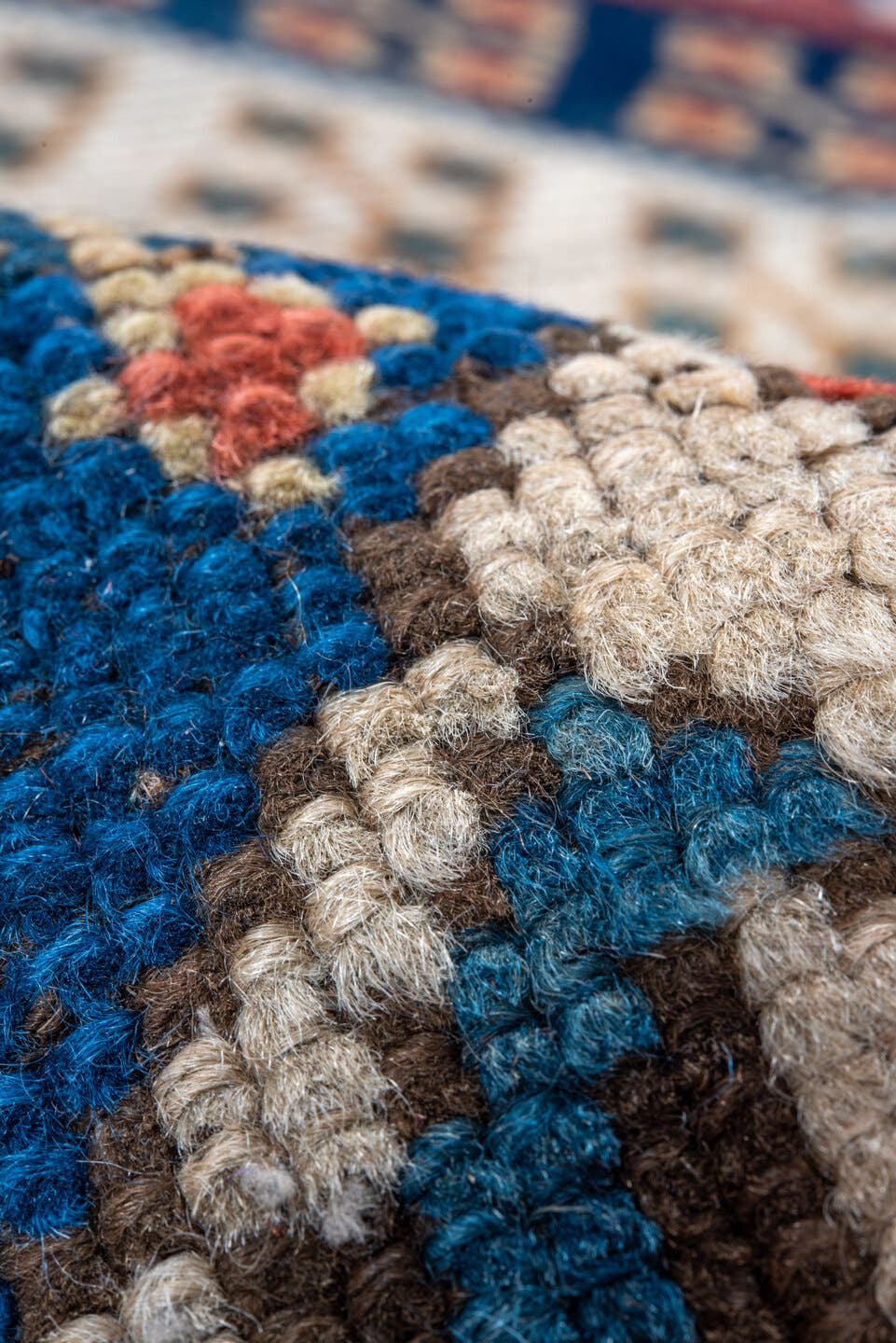 3' x 6' one-of-a-kind handmade antique Kazak small size rug. Color palette: ivory, navy, turquoise, rust, camel, terracotta