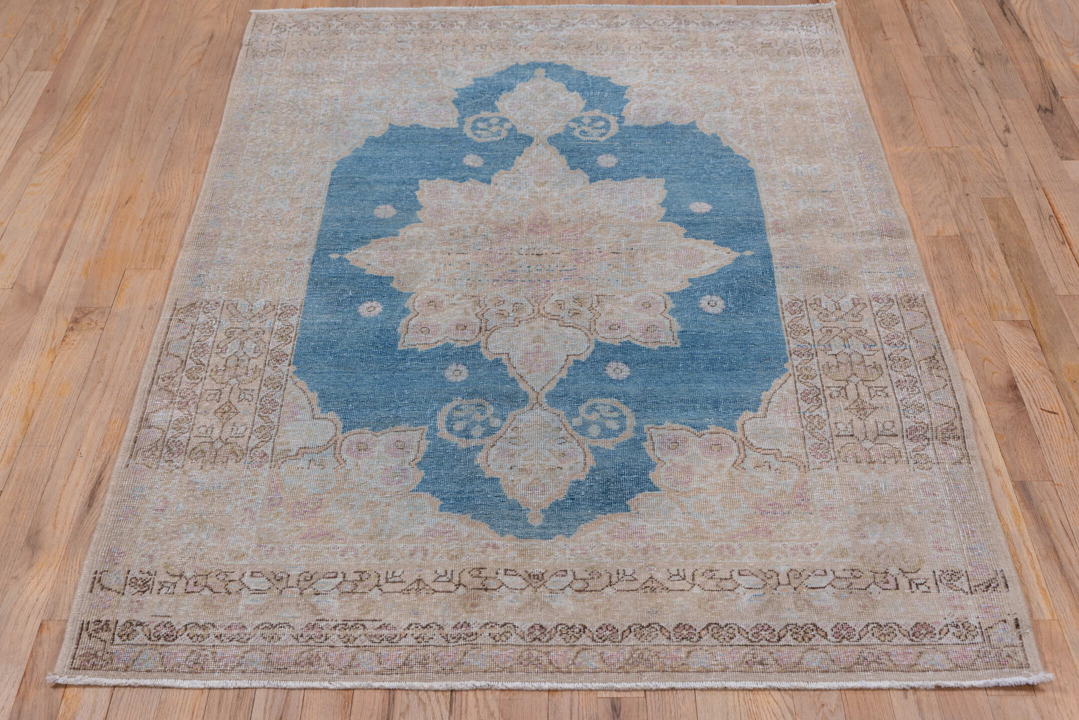 4' x 6' one-of-a-kind handmade vintage Sivas small size rug. Color palette: blue, brown, gray, light gray, off-white, silver