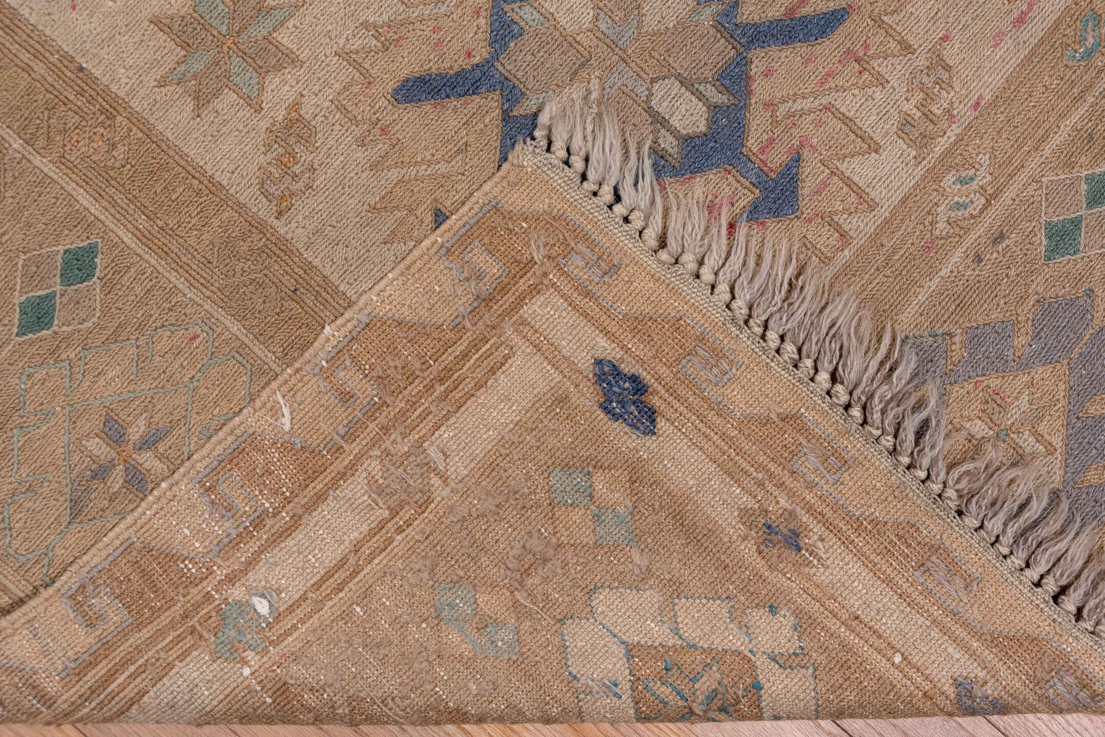 6' x 13' one-of-a-kind handmade vintage Sumak large size rug. Color palette: blue, brown, dim gray, gray, light gray