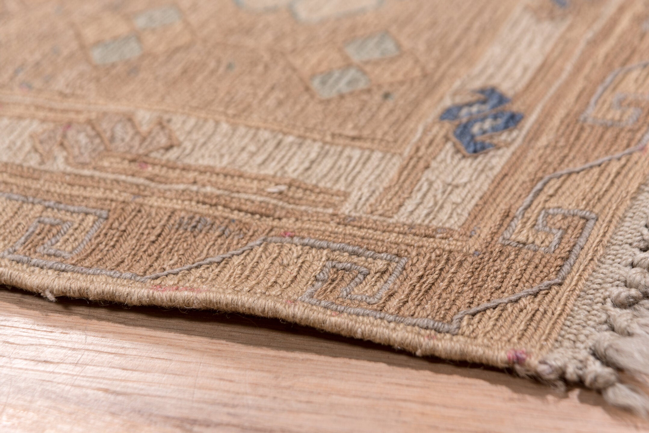 6' x 13' one-of-a-kind handmade vintage Sumak large size rug. Color palette: blue, brown, dim gray, gray, light gray