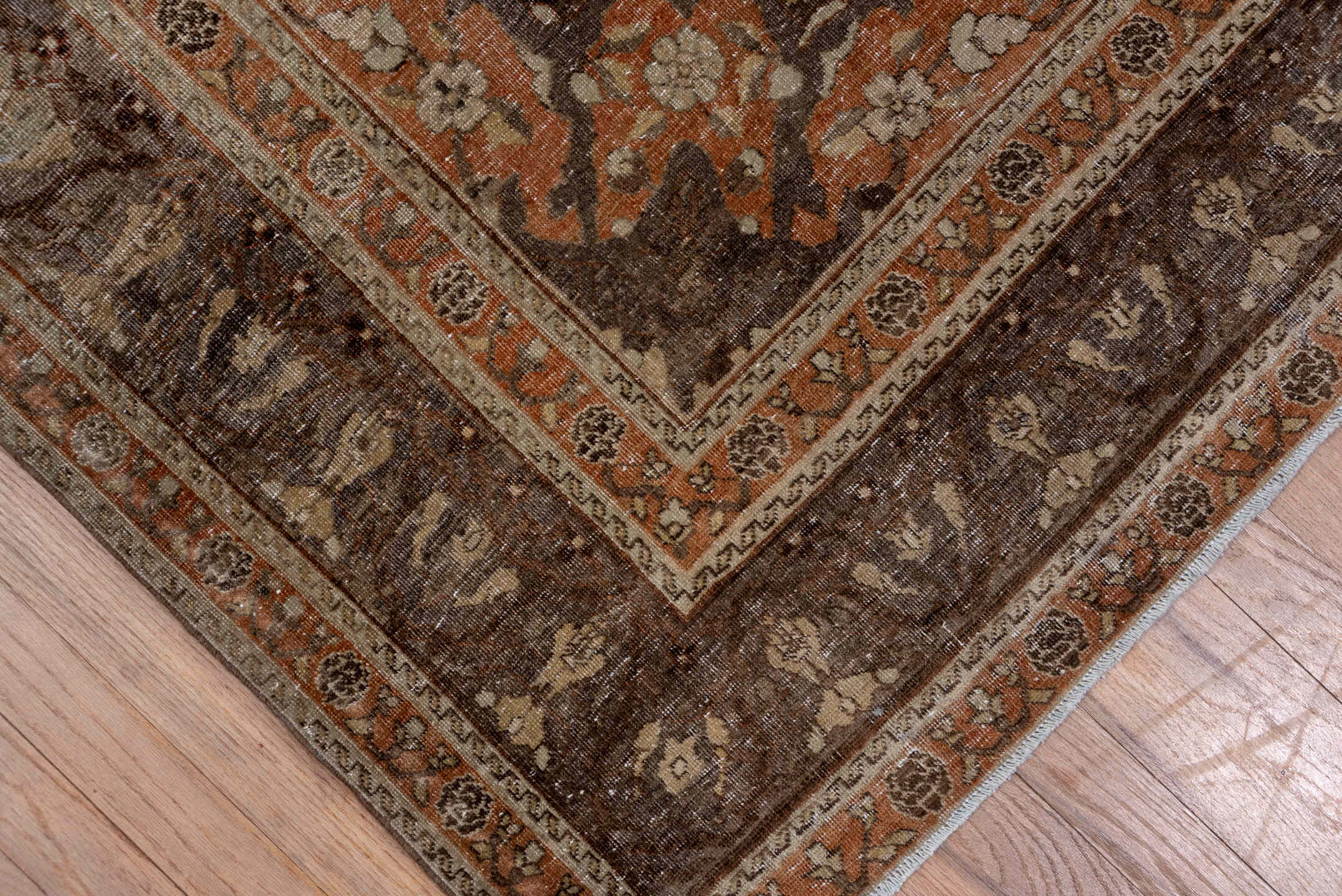 5' x 9' one-of-a-kind handmade antique Sivas medium size rug. Color palette: brown, taupe, terra cotta, ivory, charcoal