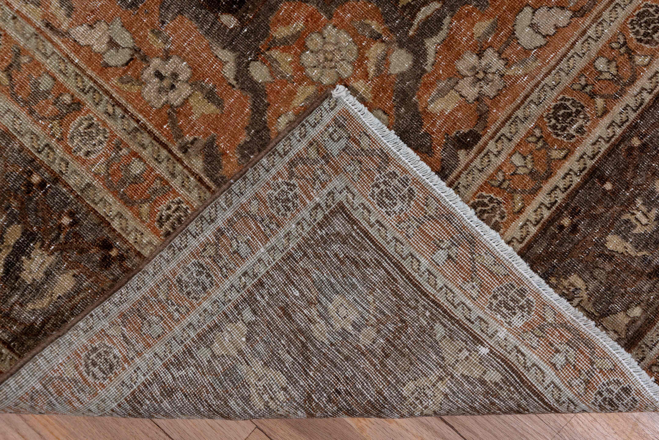 5' x 9' one-of-a-kind handmade antique Sivas medium size rug. Color palette: brown, taupe, terra cotta, ivory, charcoal