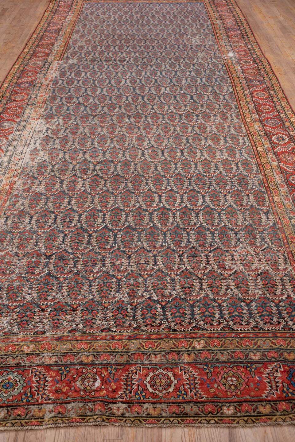 6' x 17' one-of-a-kind handmade antique Malayer rug. Color palette: navy, rust, ivory, brick, slate, camel, charcoal, blue