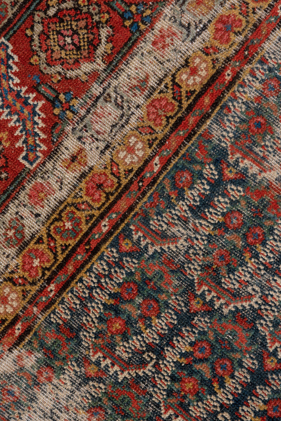 6' x 17' one-of-a-kind handmade antique Malayer rug. Color palette: navy, rust, ivory, brick, slate, camel, charcoal, blue