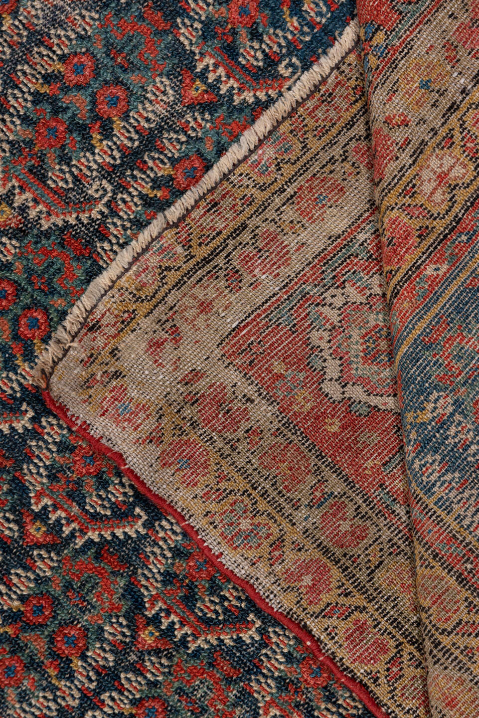 6' x 17' one-of-a-kind handmade antique Malayer rug. Color palette: navy, rust, ivory, brick, slate, camel, charcoal, blue
