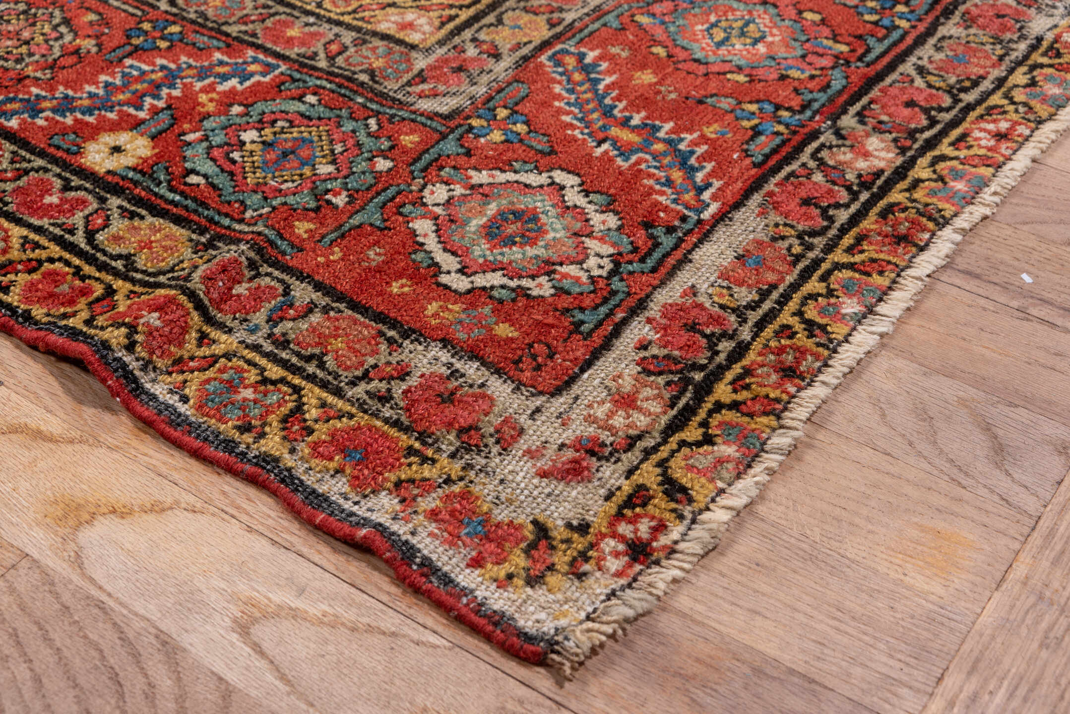 6' x 17' one-of-a-kind handmade antique Malayer rug. Color palette: navy, rust, ivory, brick, slate, camel, charcoal, blue