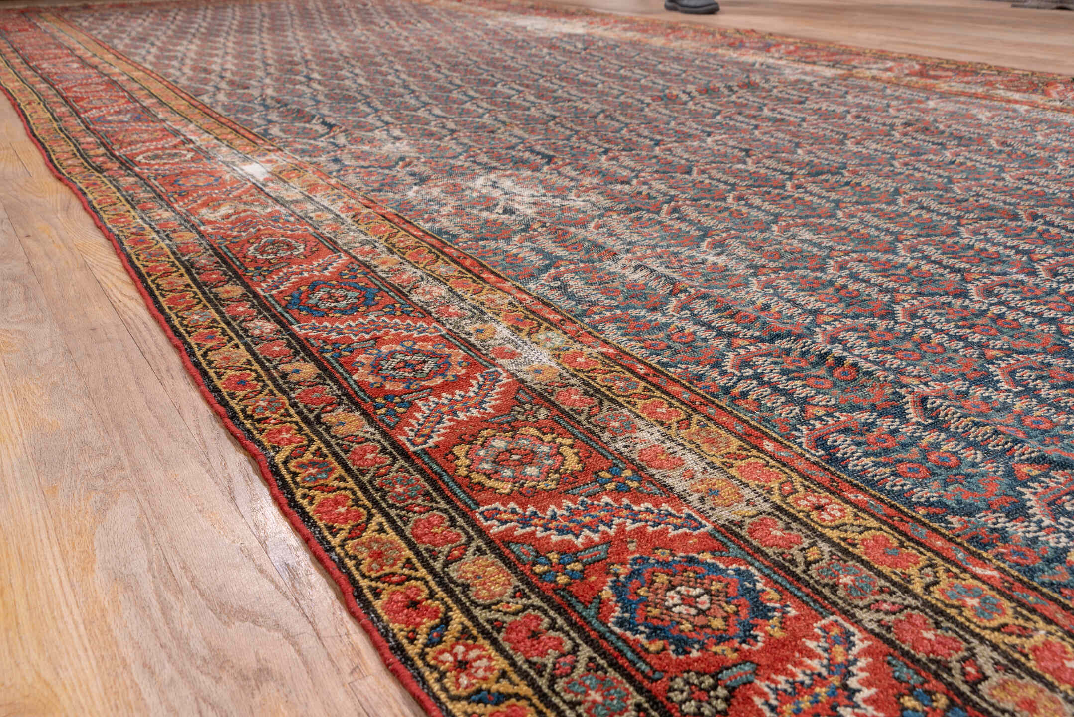 6' x 17' one-of-a-kind handmade antique Malayer rug. Color palette: navy, rust, ivory, brick, slate, camel, charcoal, blue