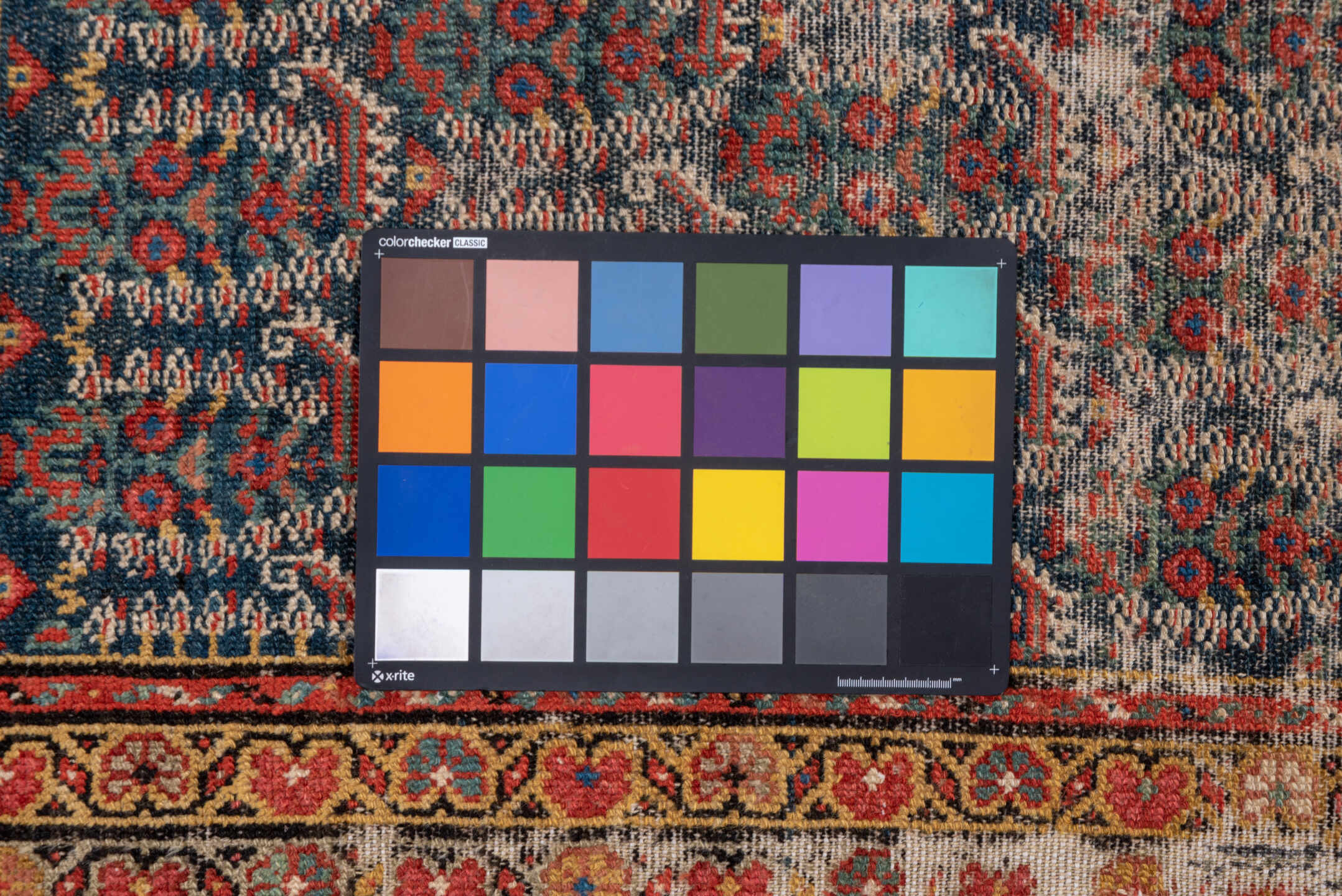 6' x 17' one-of-a-kind handmade antique Malayer rug. Color palette: navy, rust, ivory, brick, slate, camel, charcoal, blue