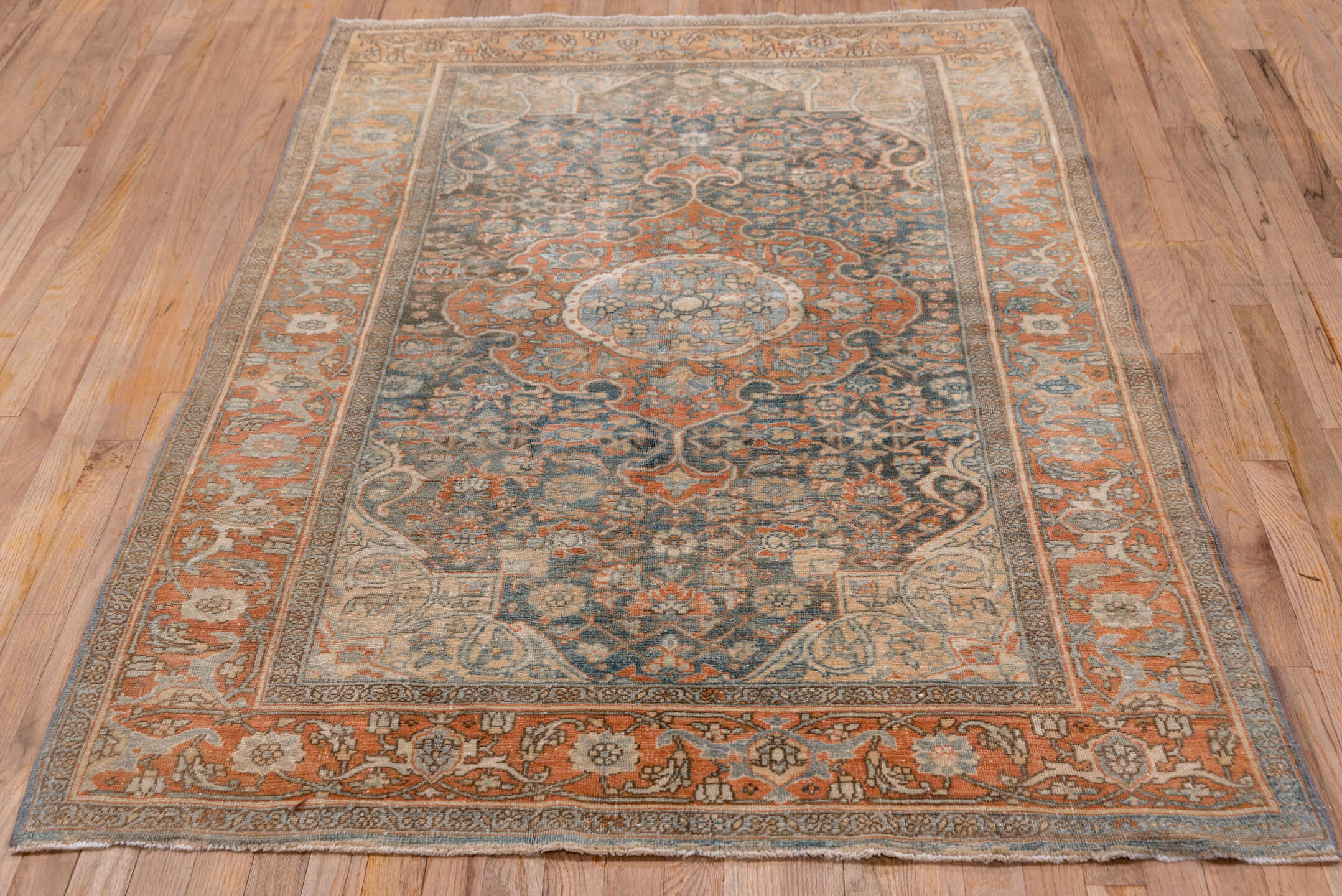 4' x 6' one-of-a-kind handmade antique Bidjar small size rug. Color palette: navy, rust, ivory, pale blue, camel, taupe