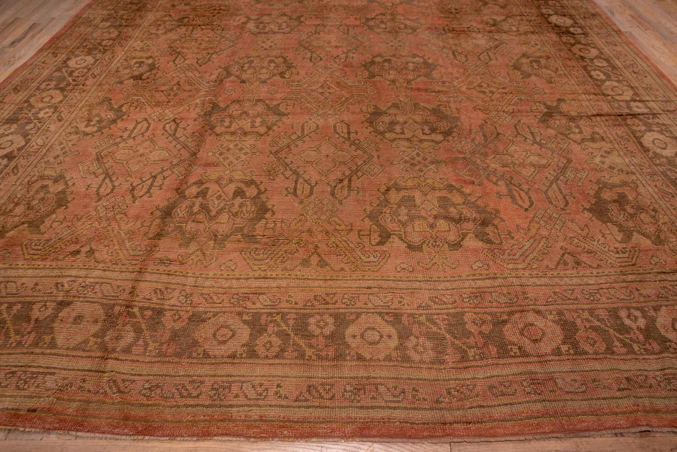 13' x 20' one-of-a-kind handmade antique Oushak oversize rug. Color palette: salmon, taupe, brown, beige, rose, camel, pink