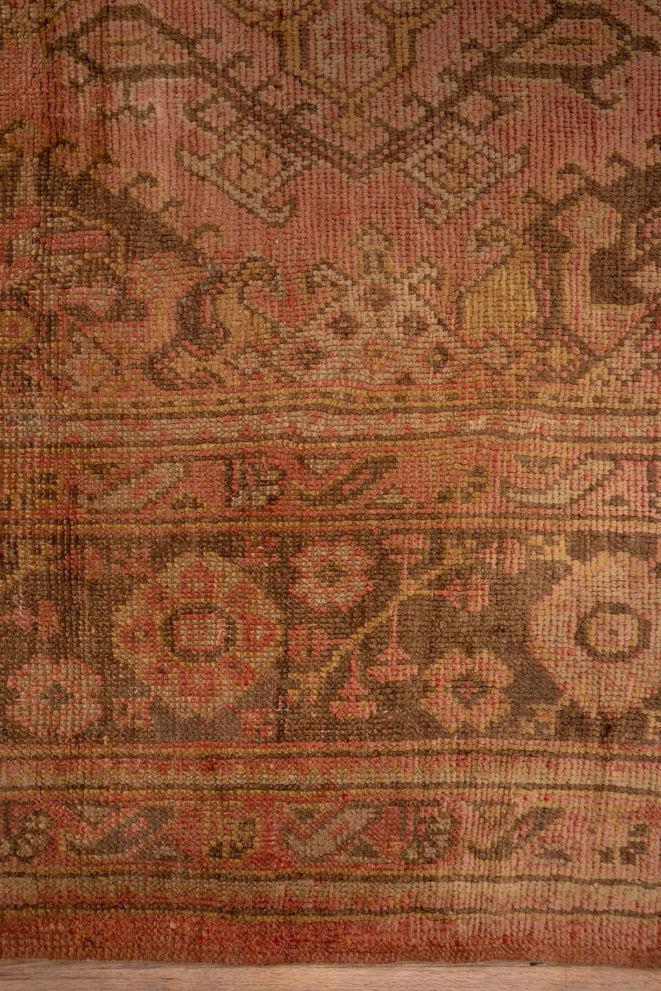 13' x 20' one-of-a-kind handmade antique Oushak oversize rug. Color palette: salmon, taupe, brown, beige, rose, camel, pink