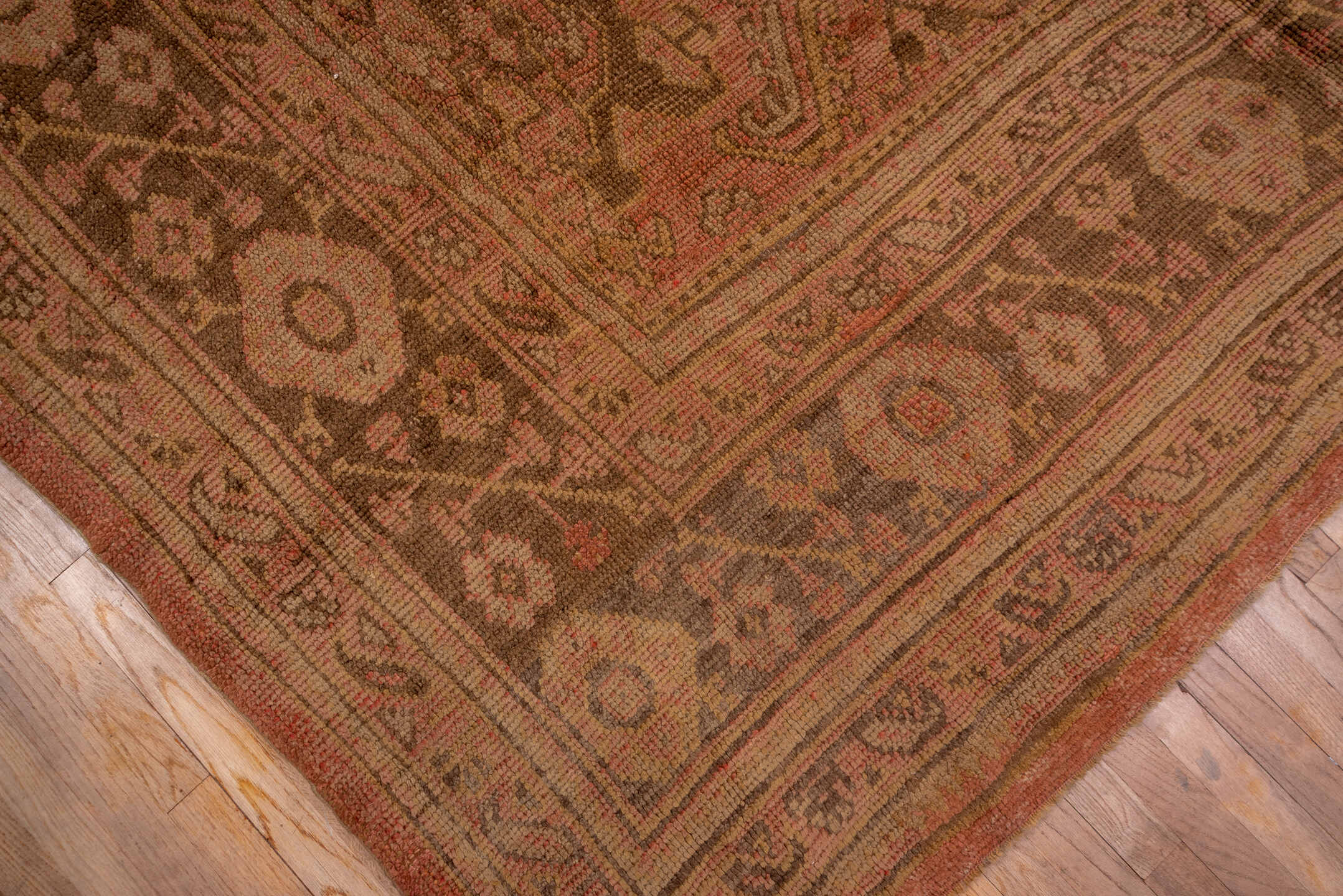 13' x 20' one-of-a-kind handmade antique Oushak oversize rug. Color palette: salmon, taupe, brown, beige, rose, camel, pink