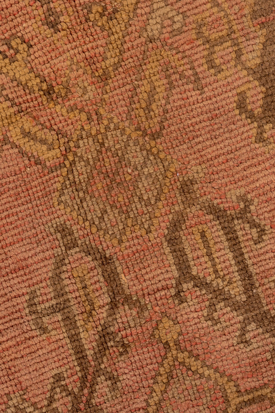 13' x 20' one-of-a-kind handmade antique Oushak oversize rug. Color palette: salmon, taupe, brown, beige, rose, camel, pink