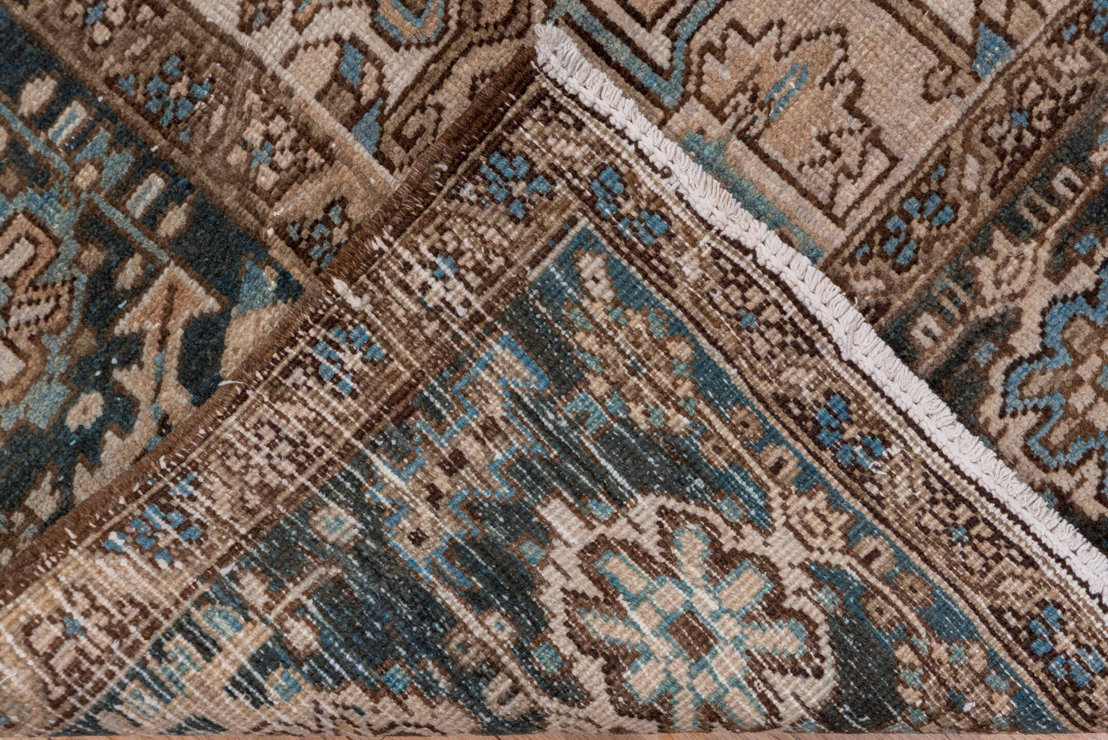 6' x 9' one-of-a-kind handmade antique Heriz medium size rug. Color palette: ivory, blue, taupe, brown, sky blue, charcoal