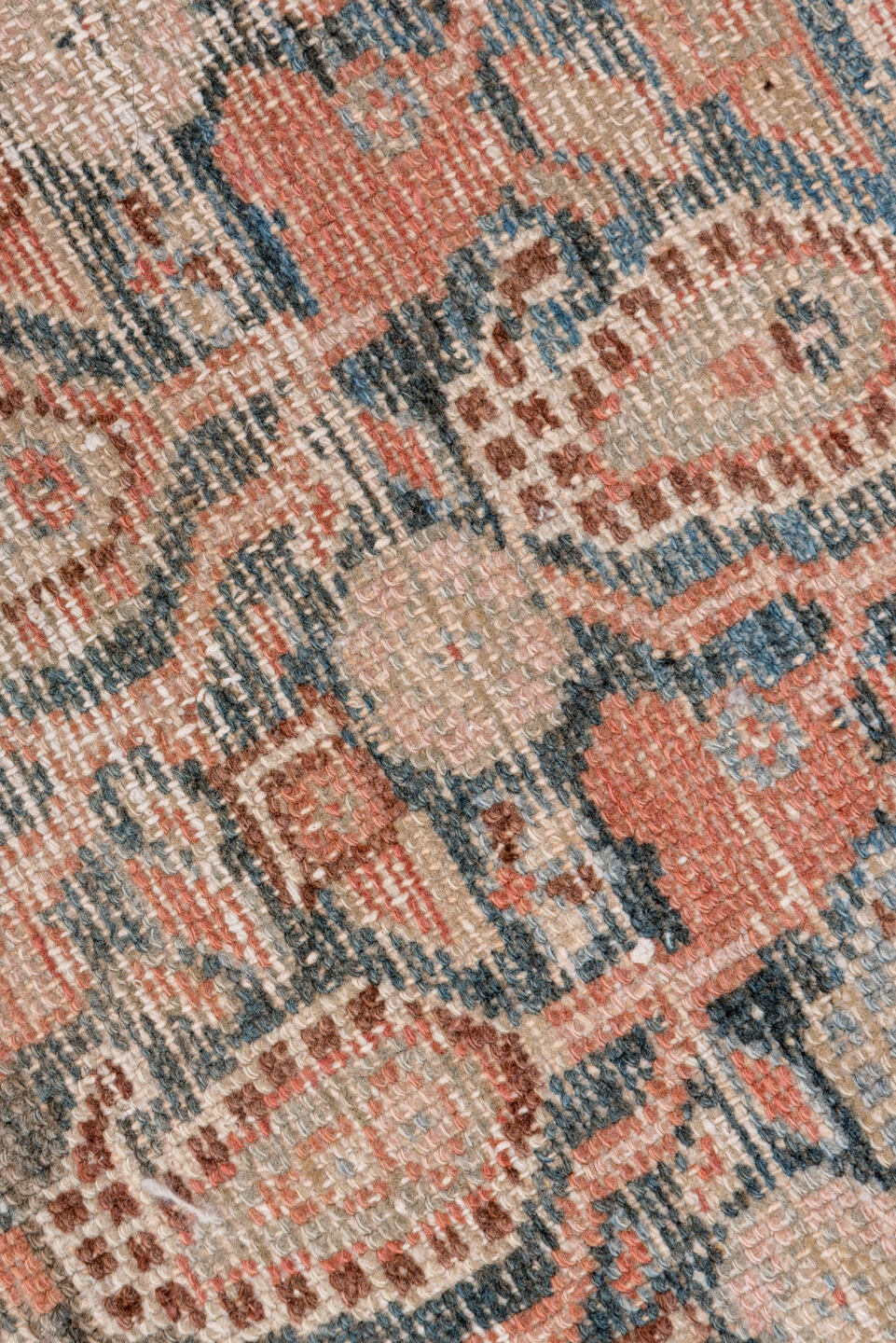 6' x 16' one-of-a-kind handmade vintage Malayer rug. Color palette: brown, dim gray, gray, light gray, off-white, pink