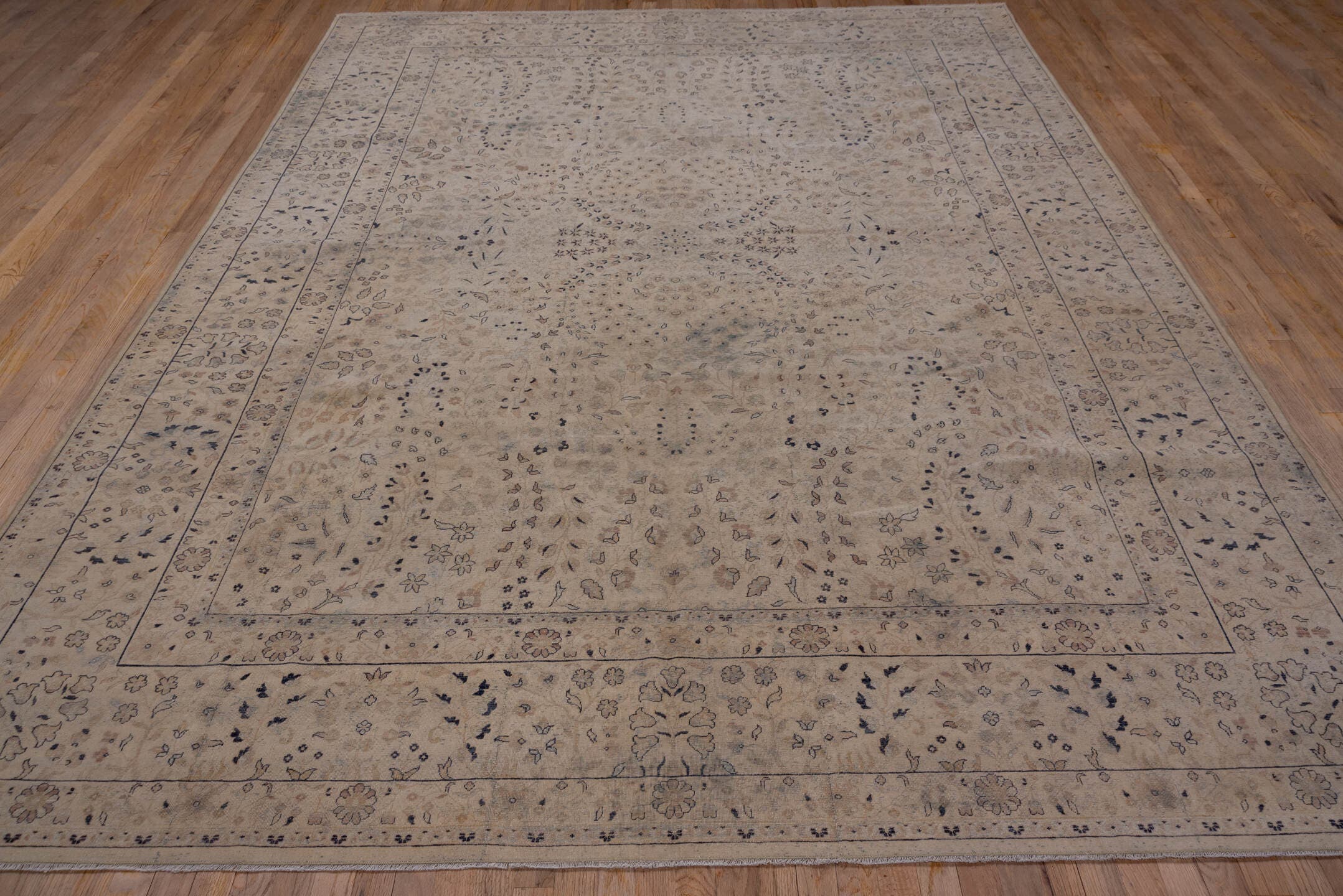 8' x 11' one-of-a-kind handmade antique Kashan large size rug. Color palette: ivory, beige, taupe, slate, dusty blue, camel