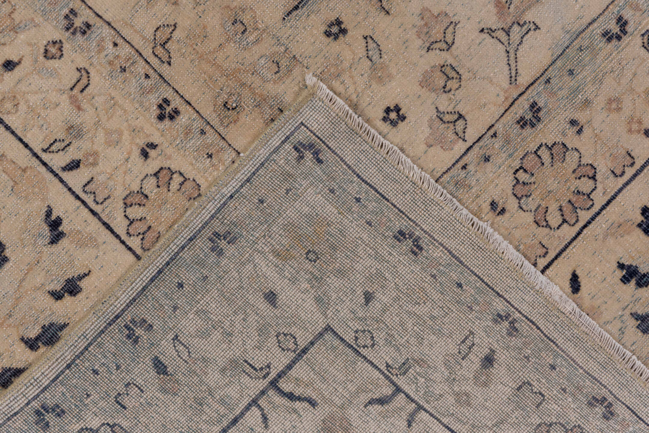 8' x 11' one-of-a-kind handmade antique Kashan large size rug. Color palette: ivory, beige, taupe, slate, dusty blue, camel