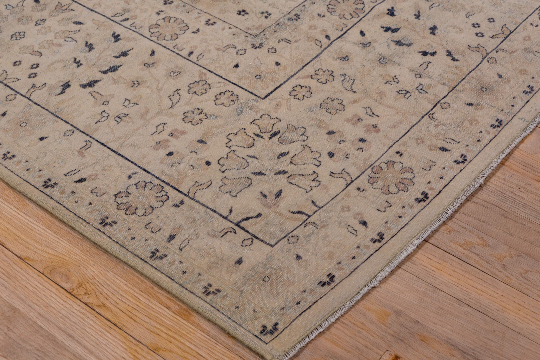 8' x 11' one-of-a-kind handmade antique Kashan large size rug. Color palette: ivory, beige, taupe, slate, dusty blue, camel