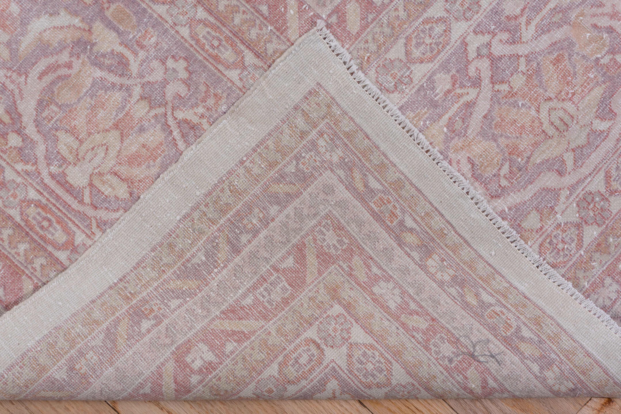 11' x 14' one-of-a-kind handmade antique Tabriz oversize rug. Color palette: ivory, blush, rose, pale lavender, taupe, peach