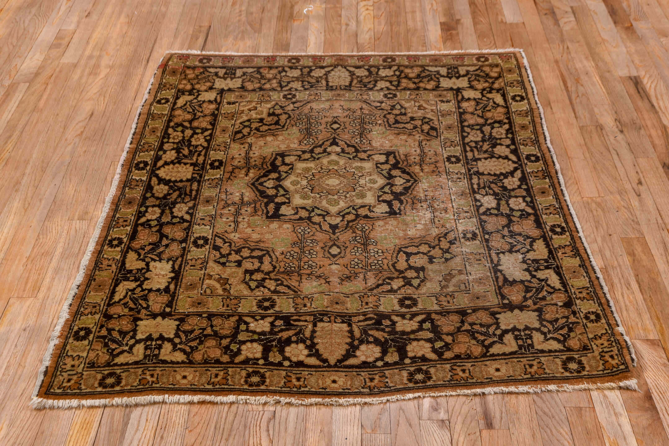 4' x 5' one-of-a-kind handmade antique Tabriz small size rug. Color palette: taupe, camel, brown, ivory, rose, terra cotta