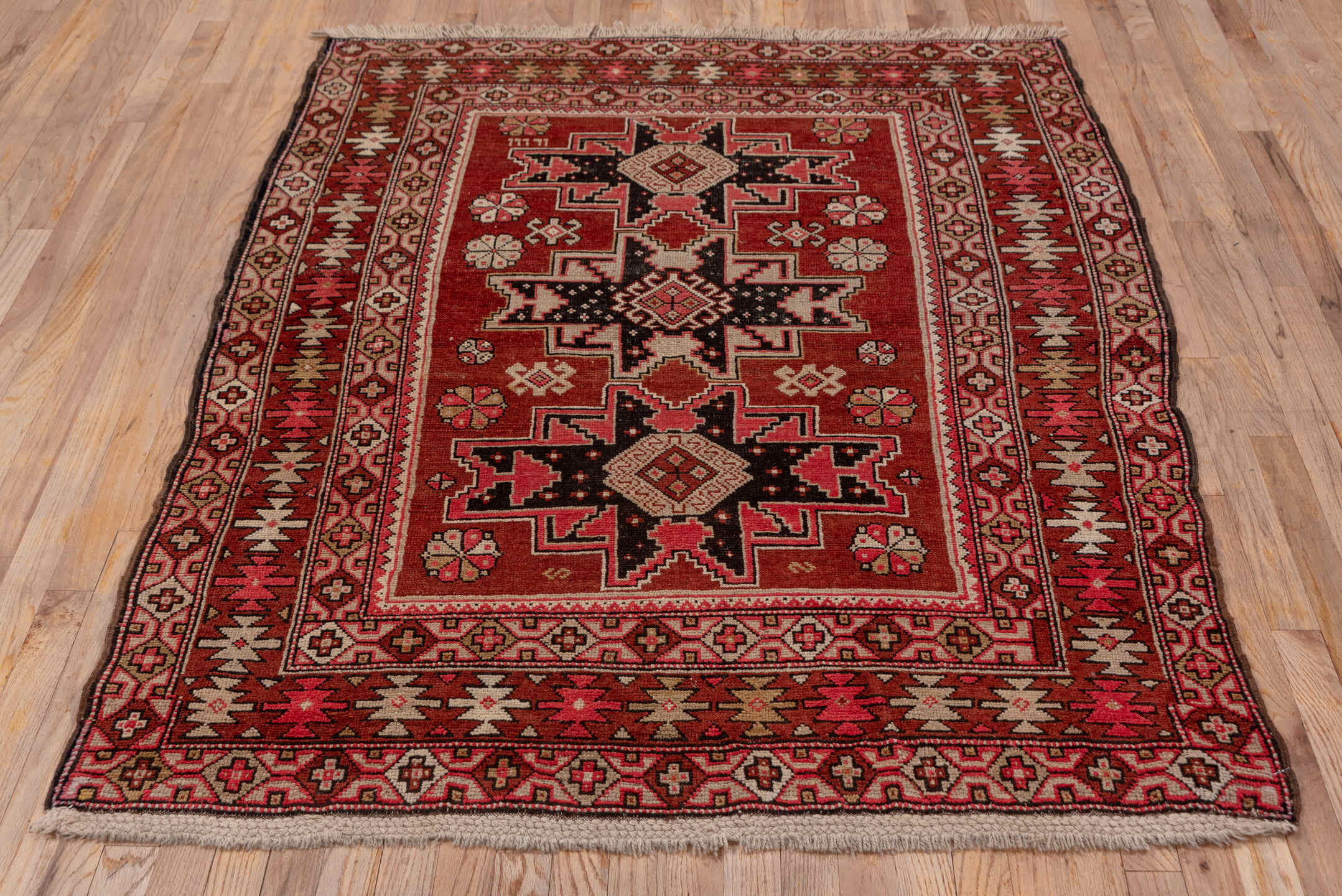 4' x 6' one-of-a-kind handmade vintage Shirvan small size rug. Color palette: brown, burgundy, indian red, pink, red