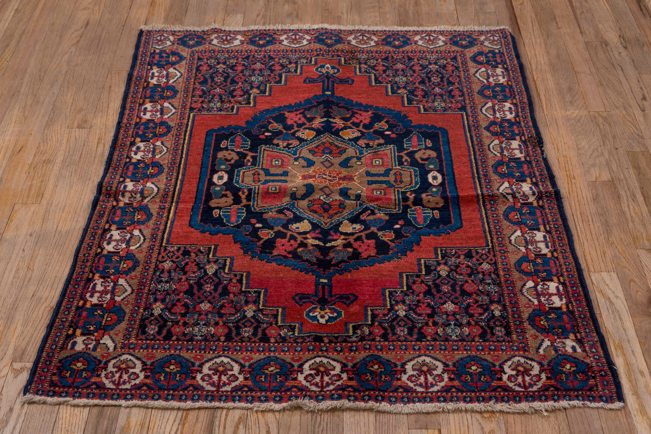 3' x 4' one-of-a-kind handmade antique Senne small size rug. Color palette: rust, navy, ivory, camel, crimson, indigo, rose