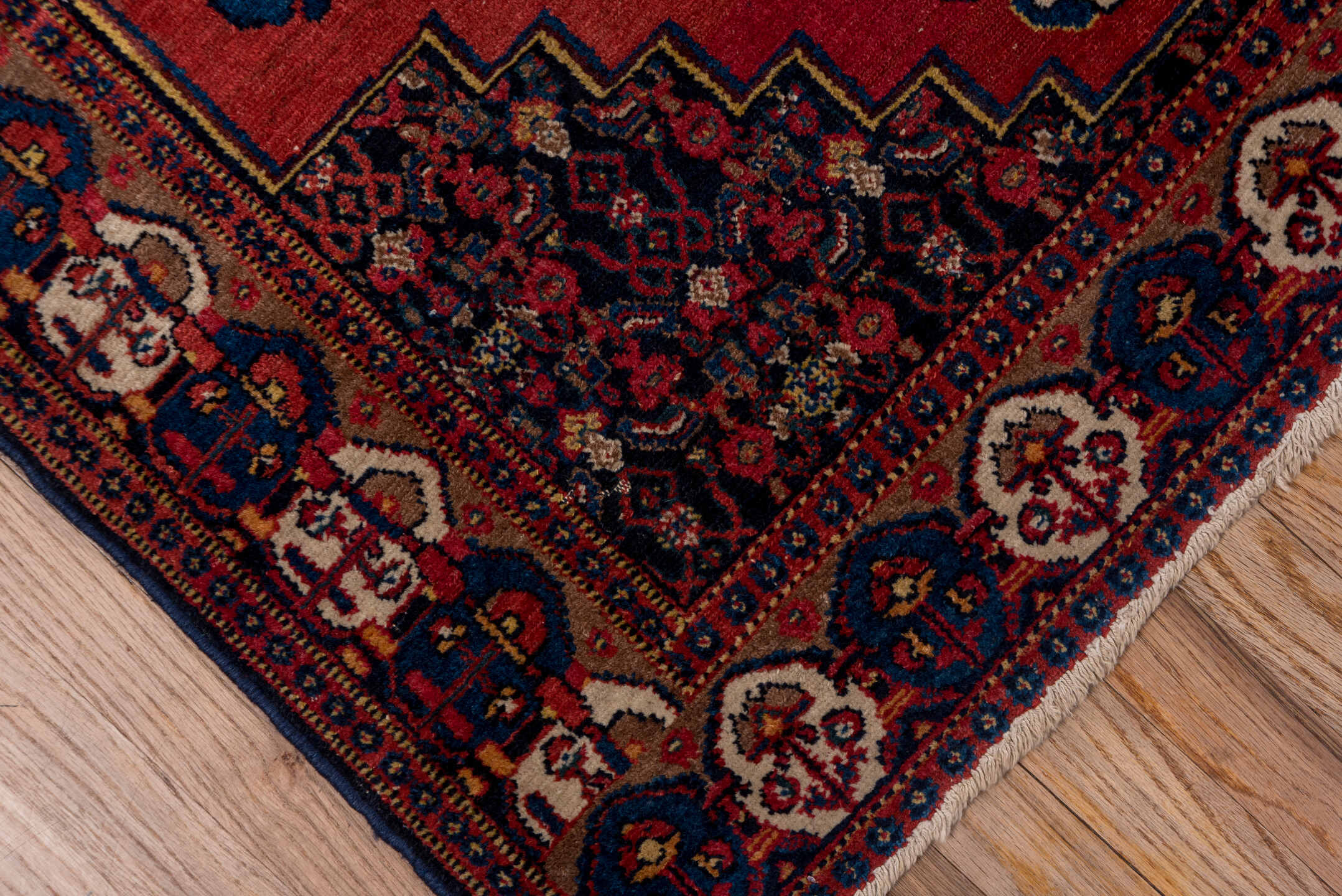 3' x 4' one-of-a-kind handmade antique Senne small size rug. Color palette: rust, navy, ivory, camel, crimson, indigo, rose