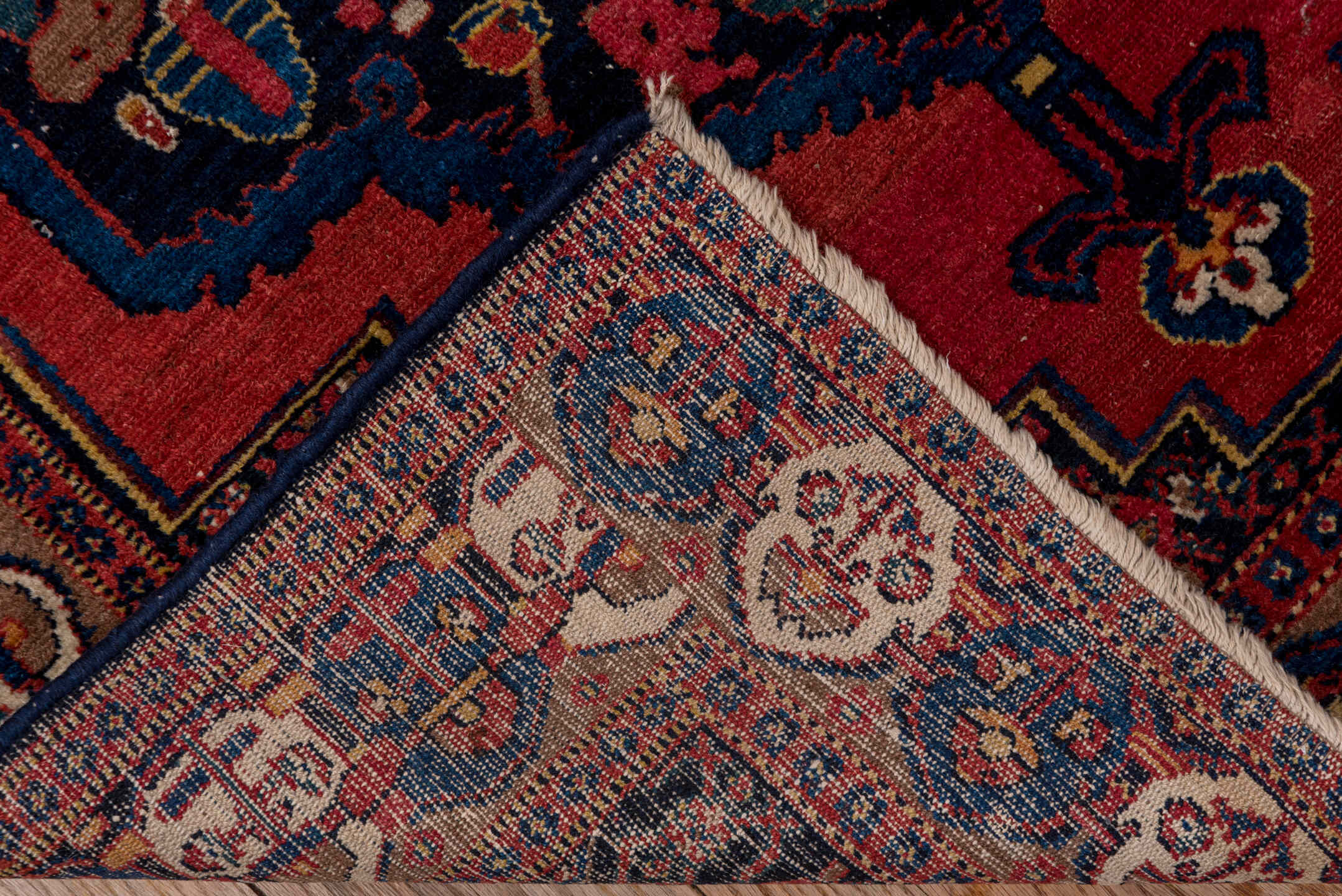 3' x 4' one-of-a-kind handmade antique Senne small size rug. Color palette: rust, navy, ivory, camel, crimson, indigo, rose