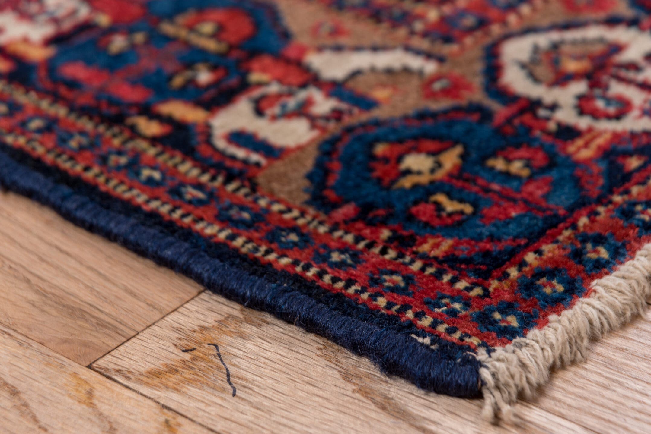 3' x 4' one-of-a-kind handmade antique Senne small size rug. Color palette: rust, navy, ivory, camel, crimson, indigo, rose
