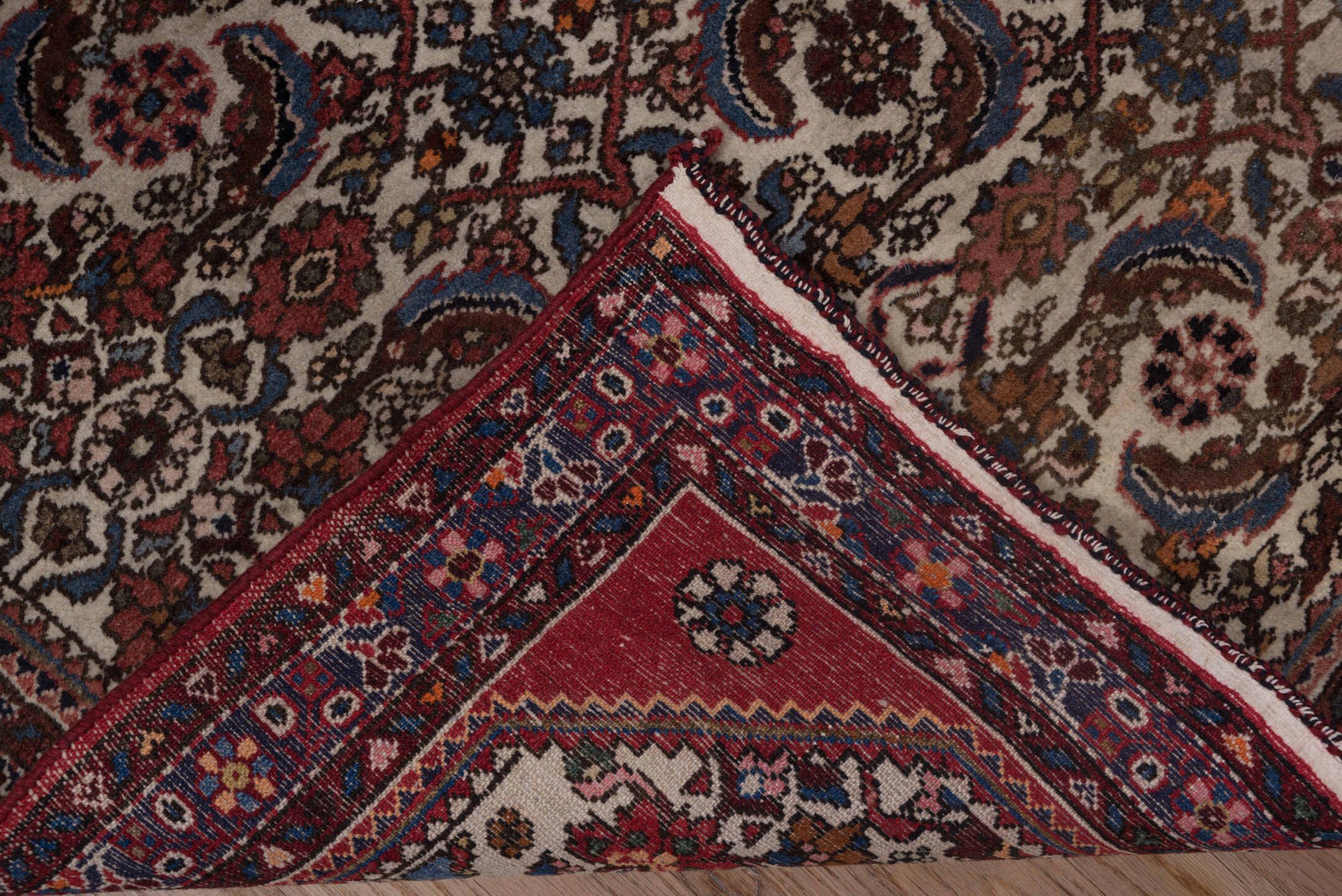 2' x 4' one-of-a-kind handmade antique Malayer small size rug. Color palette: ivory, rose, rust, indigo, soft blue, burgundy