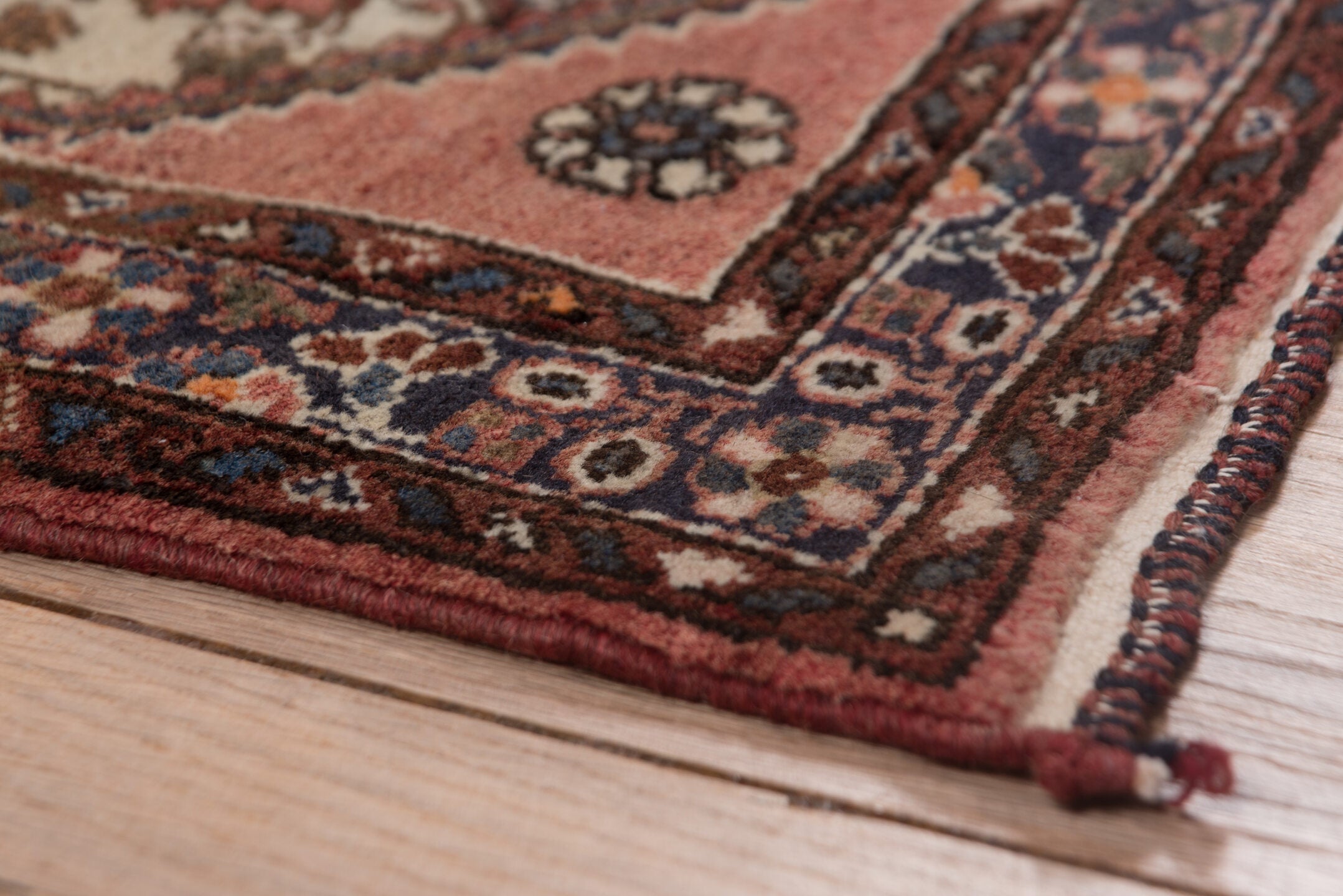2' x 4' one-of-a-kind handmade vintage Malayer small size rug. Color palette: blue, brown, dim gray, gray, pink, red