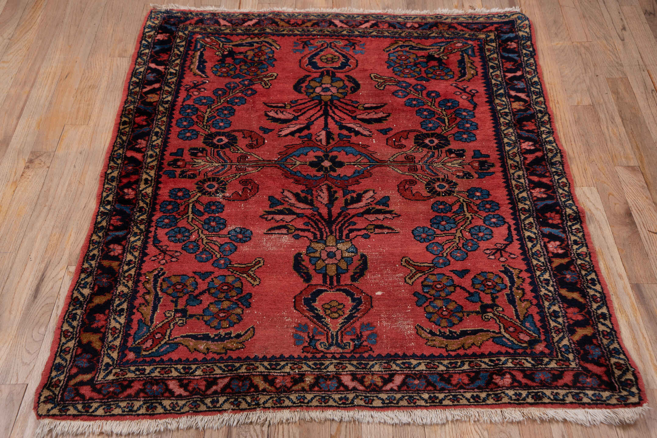 3' x 4' one-of-a-kind handmade antique Lilian small size rug. Color palette: rose, navy, cobalt, ivory, rust, camel, crimson