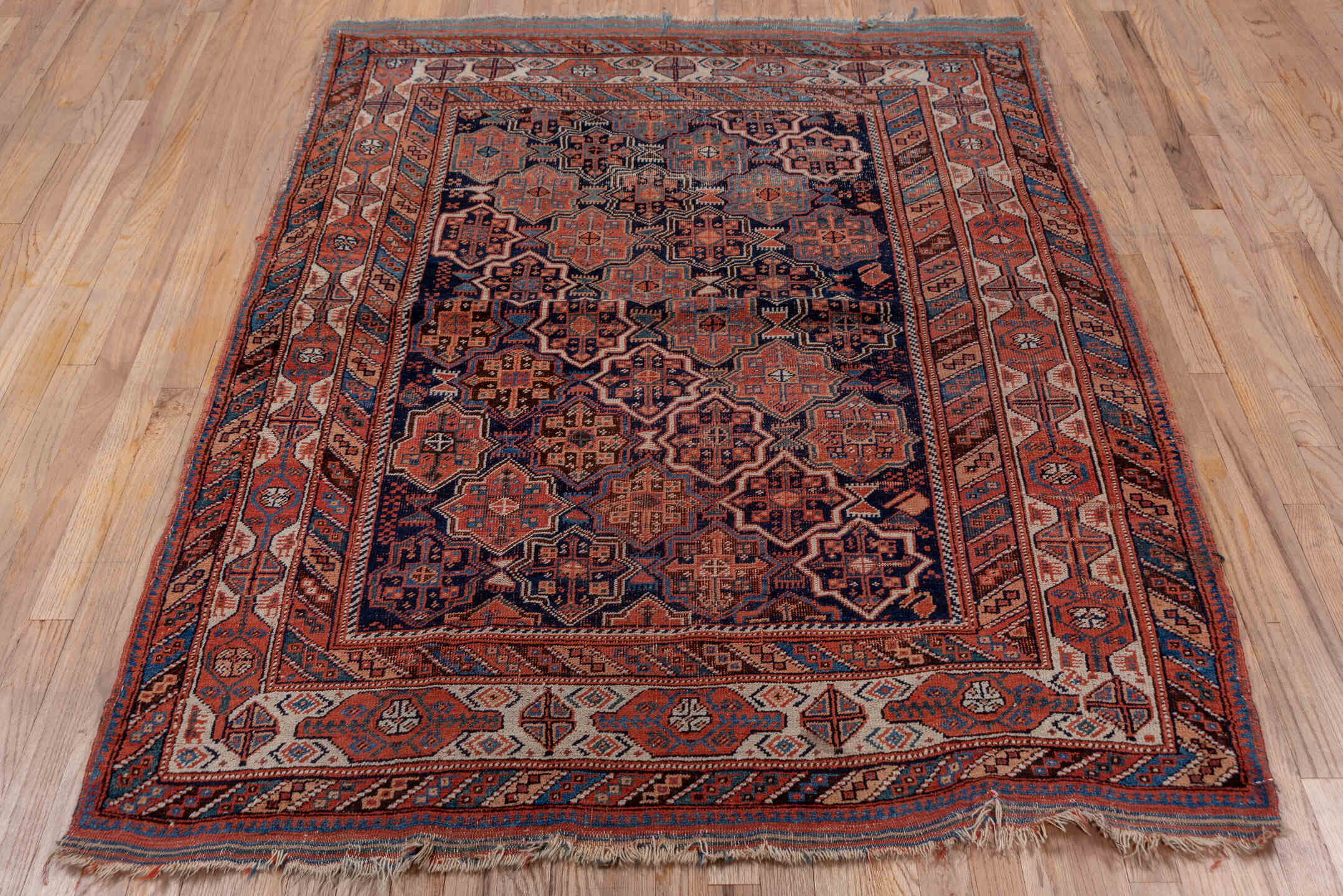 4' x 6' one-of-a-kind handmade vintage Afshar small size rug. Color palette: black, blue, brown, dim gray, gray, pink, red