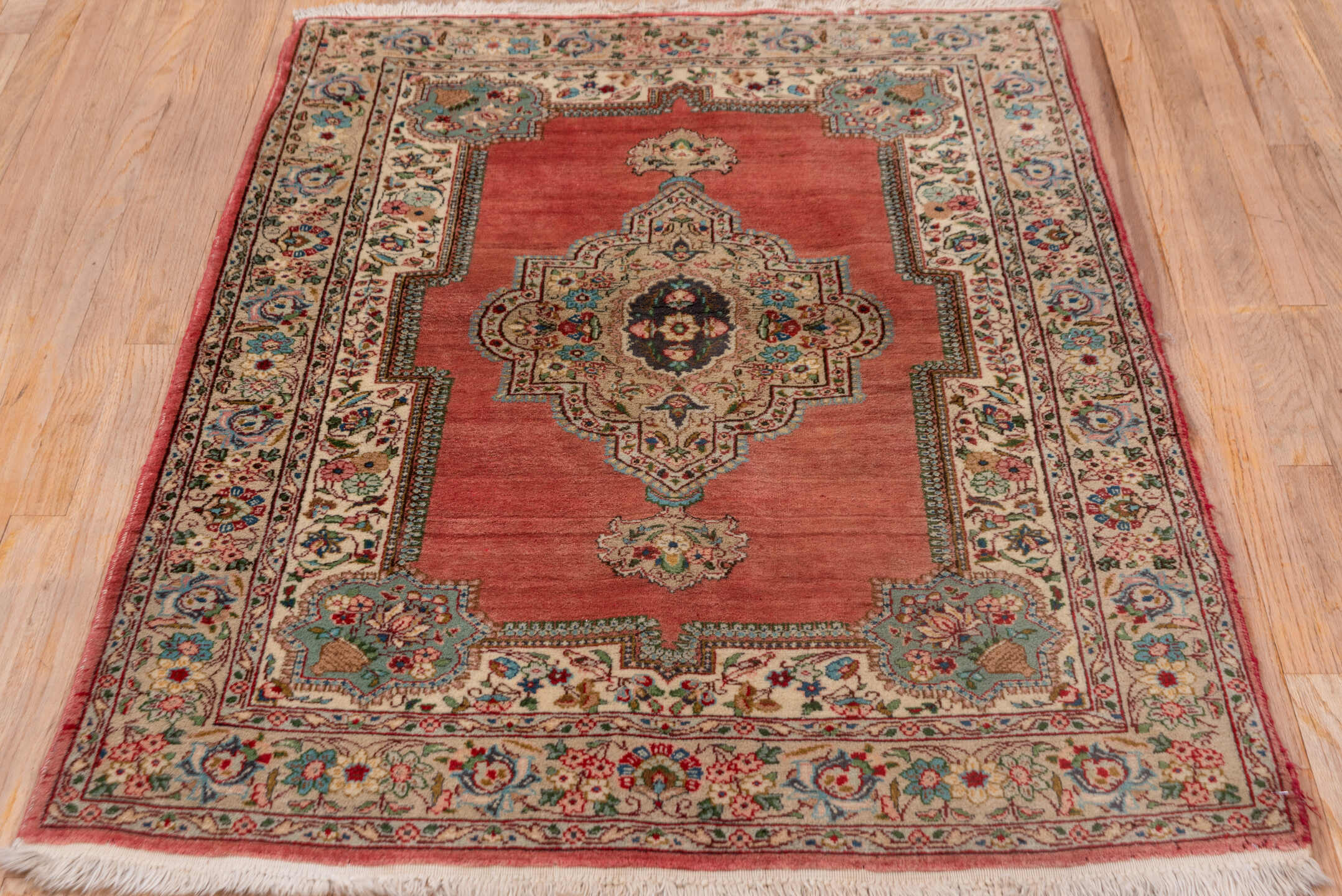 3' x 5' one-of-a-kind handmade vintage Tabriz small size rug. Color palette: rose, ivory, sky_blue, navy, rust, sage, taupe
