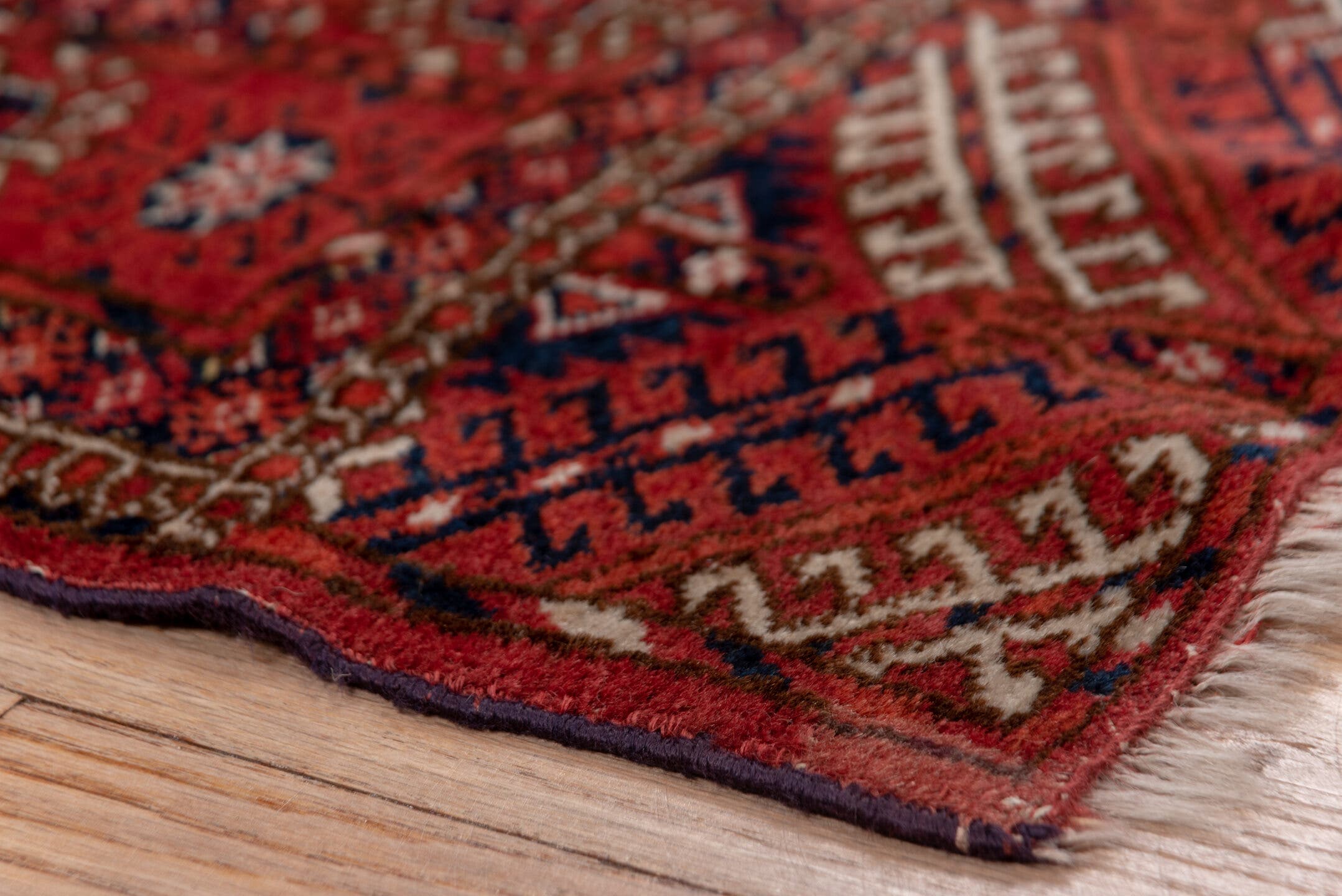 4' x 5' one-of-a-kind handmade antique Torkaman rug. Color palette: crimson, burgundy, rust, ivory, navy, charcoal, rose