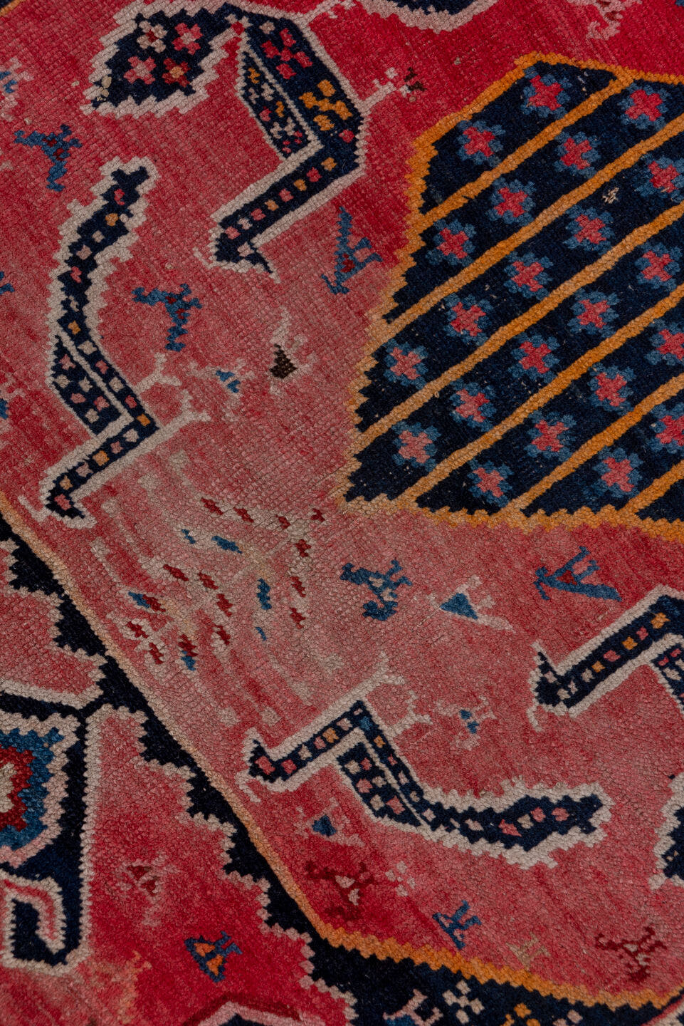 3' x 8' one-of-a-kind handmade antique Karabagh runner rug. Color palette: rose, indigo, crimson, ivory, navy, gold, coral
