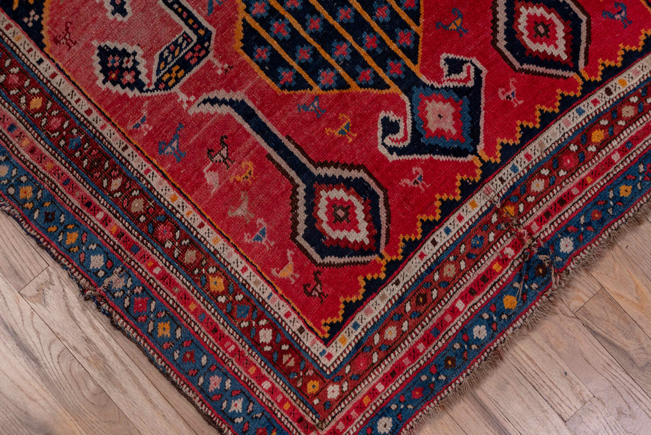 3' x 8' one-of-a-kind handmade antique Karabagh runner rug. Color palette: rose, indigo, crimson, ivory, navy, gold, coral
